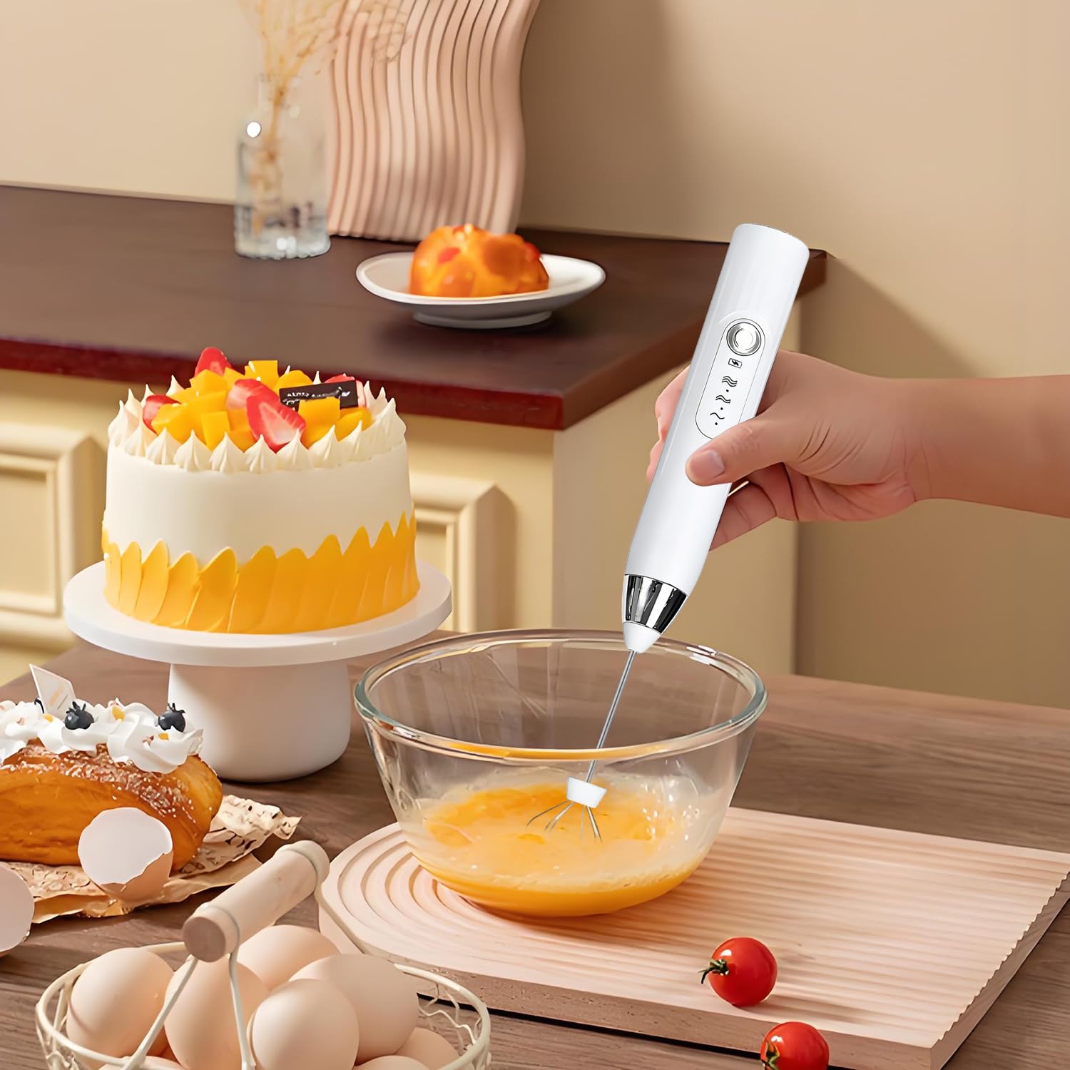 Montalatte Elettrico USB Ricaricabile, Frusta Acciaio Inossidabile 3 Velocità Regolabile, Cappuccinatore Elettrico per Latte per Caffè, Latte, Cappuccino, Bianca
