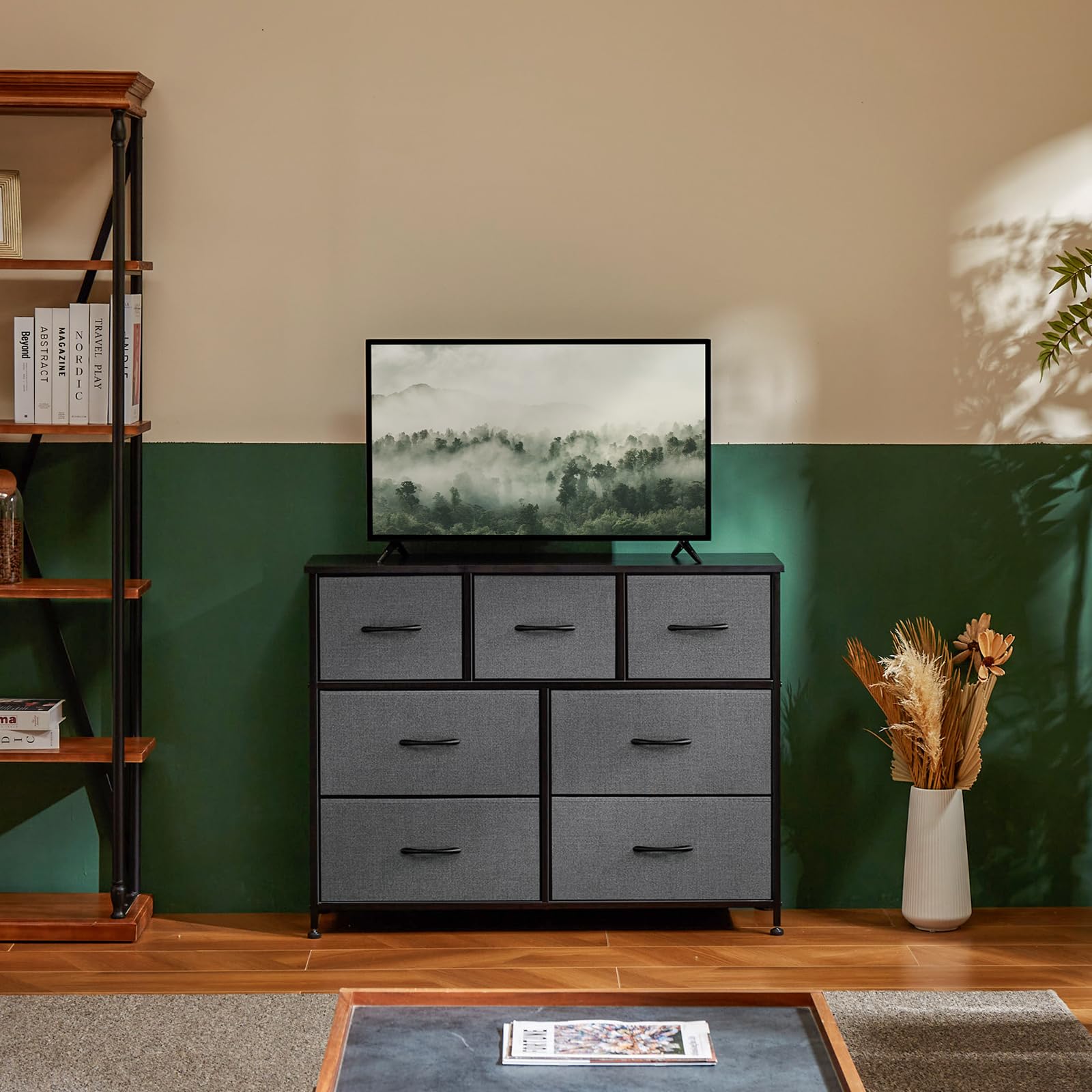 DUMOS Comò per camera da letto con 7 cassetti in tessuto, organizer alto per vestiti, armadio, cameretta dei bambini, torre portaoggetti con telaio in metallo, pannello in legno leggero per la