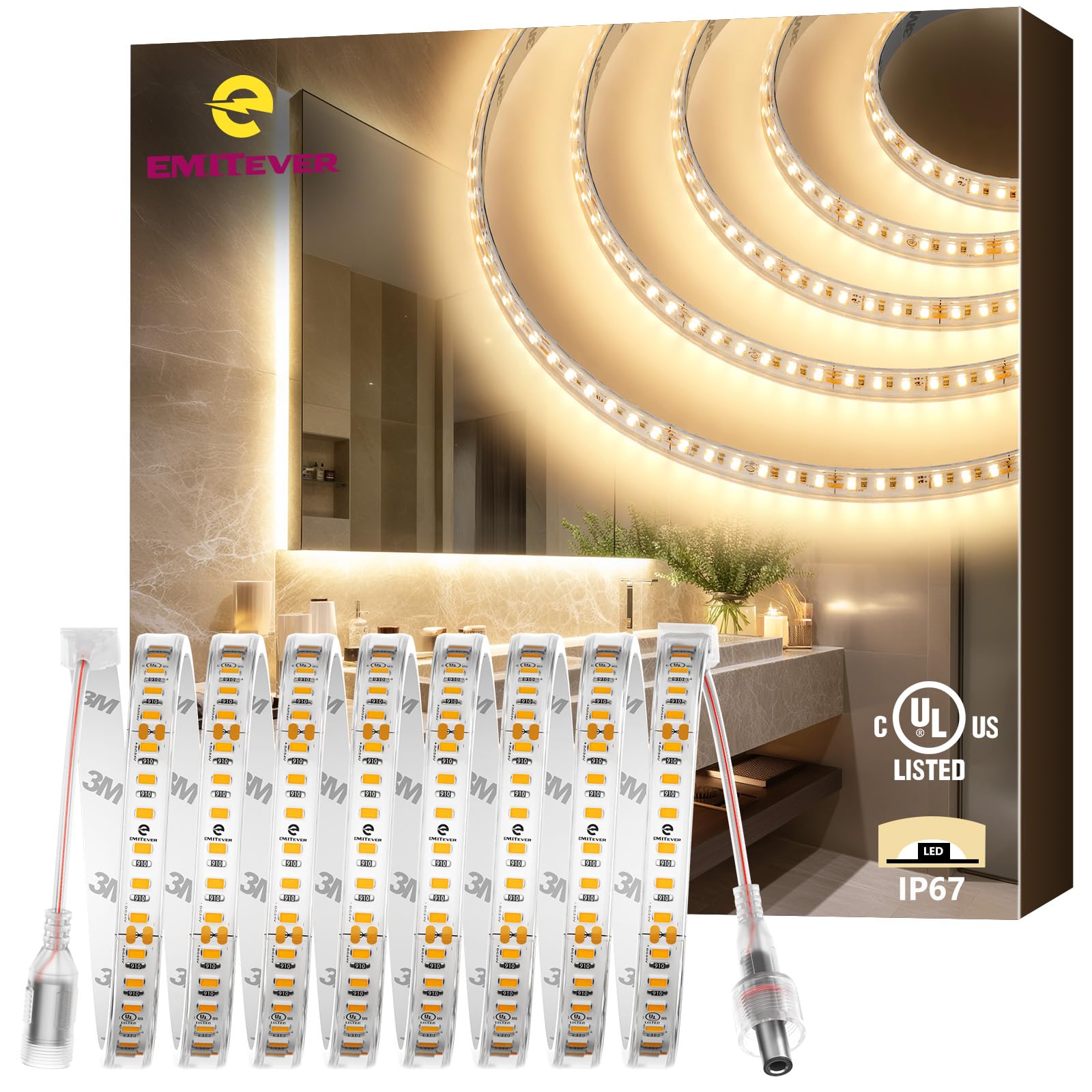 EMITEVER Outdoor LED Strip Lights Waterproof 3000K Warm White, 16.4ft IP67 24V Tape Light UL Listed, 240+LM/ft, High Density 600LEDs, Lighting for Bathroom,Pool,Patio,Garden(Power Supply Not Included)