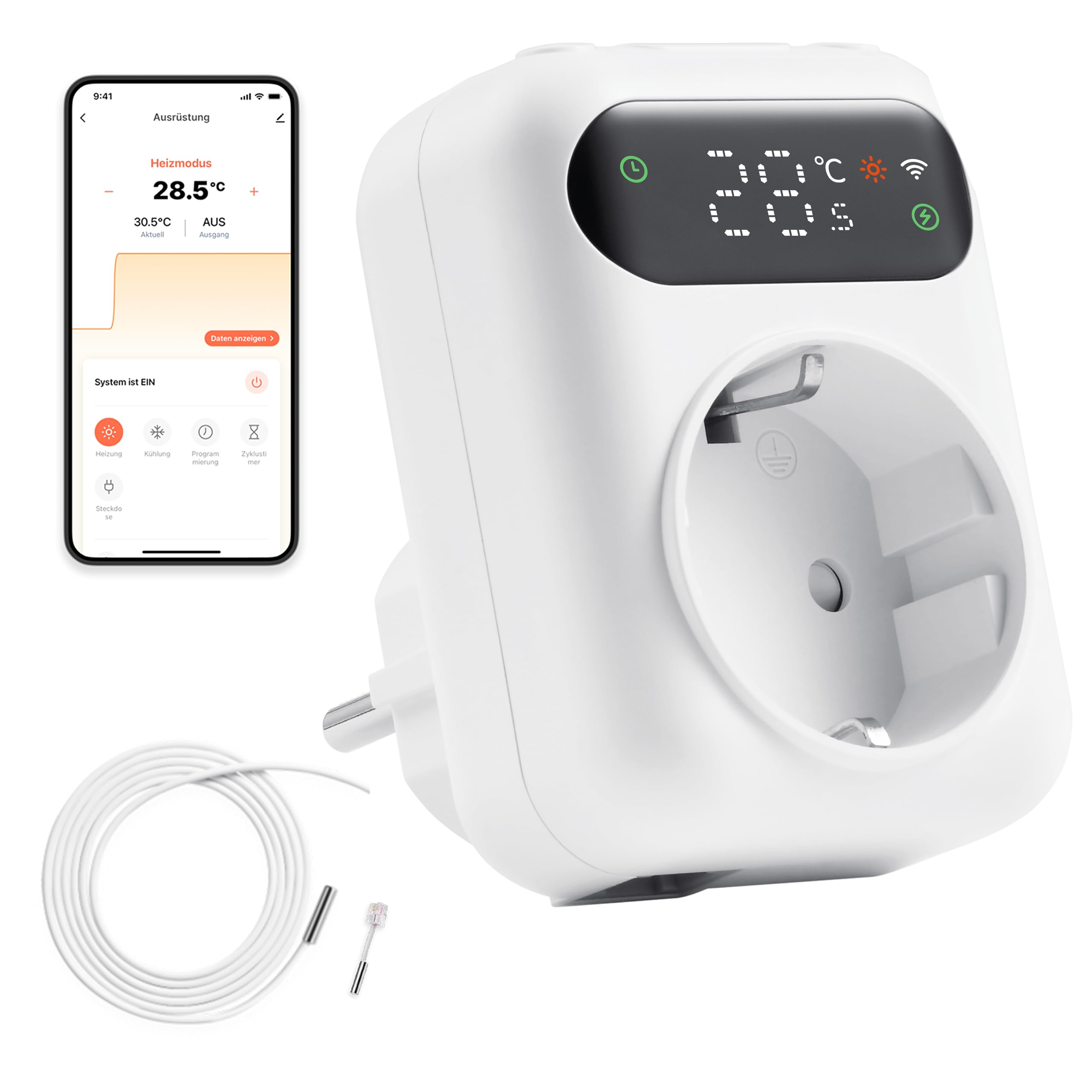 Steckdosen-Thermostat WLAN mit Zeitschaltuhr, 230V | Digitaler Temperaturregler für Heizung & Kühlung. Inkl. 3m Fühler für Gewächshäuser & Aquarien. LED-Bildschirm.