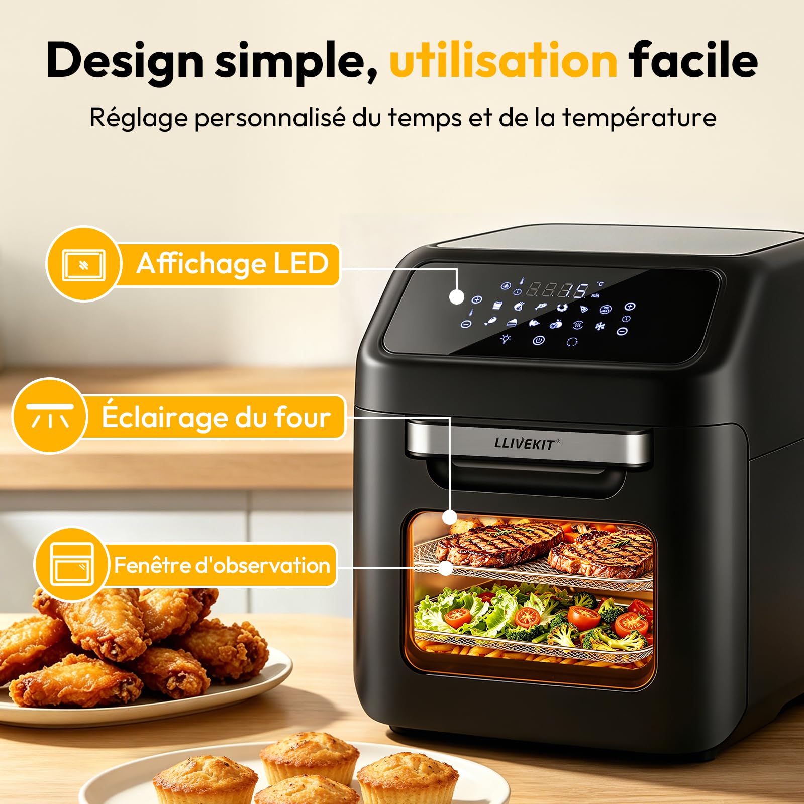 LLIVEKIT Friteuse à Air Chaud 12L, Four à Air Chaud avec 12 Fonctions, Mini Four, 1800 W, avec Écran LED Numérique, Déshydratateur de Fruits, Barbecue, Livret de Recettes et 7 Sortes d'Accessoires