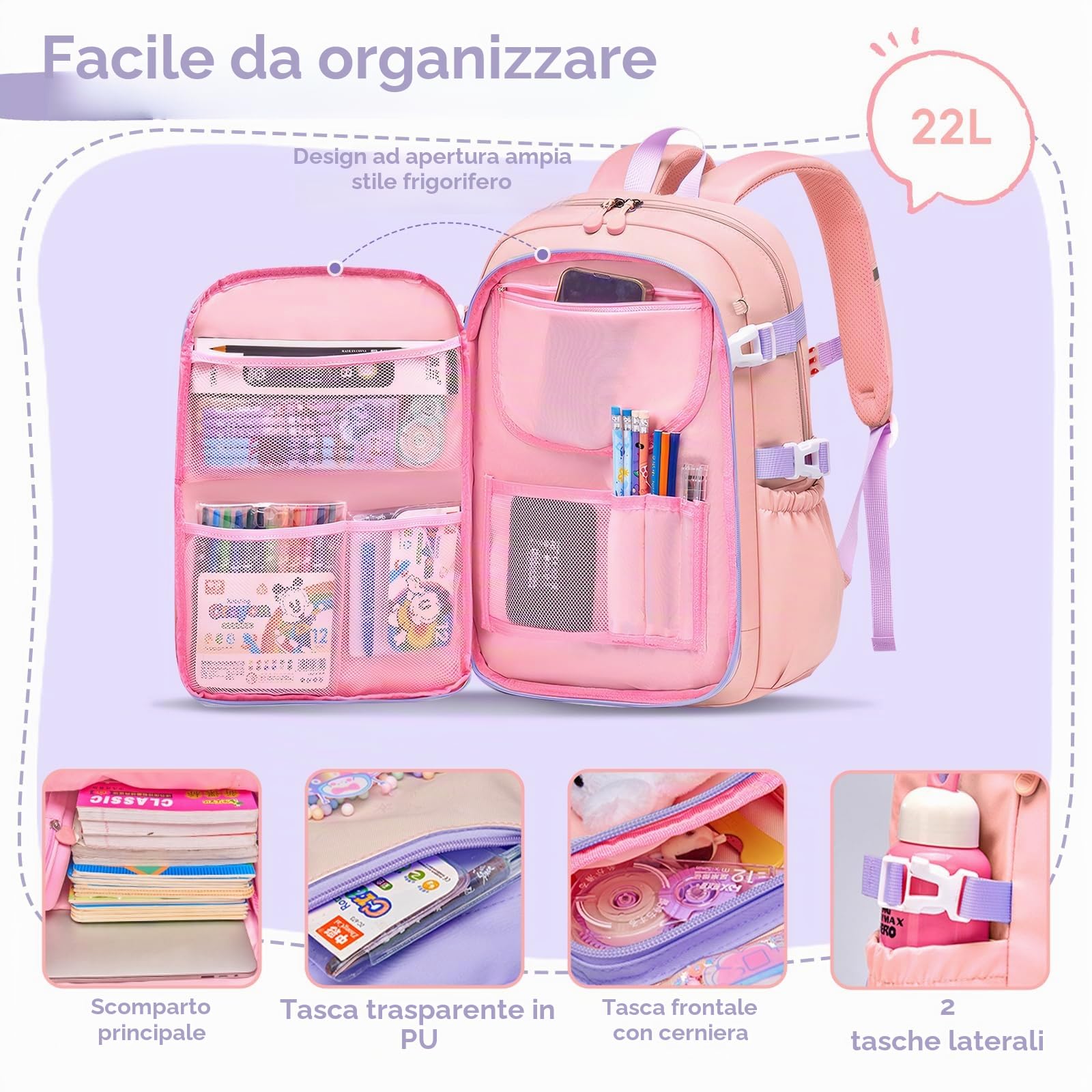 Tanou Zaino Bambina Scuola Elementare 3 Pezzi, 7-12 anni