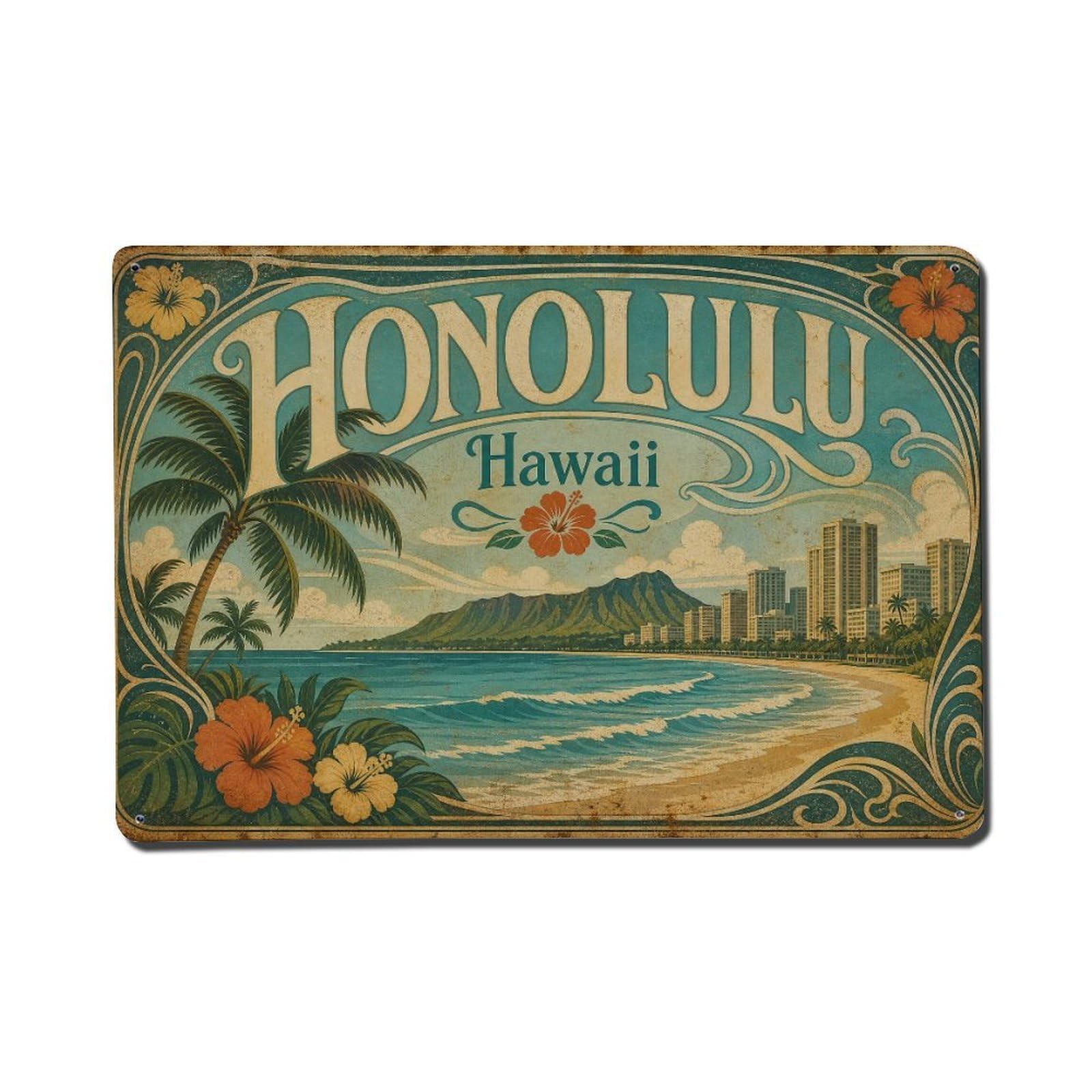 Honolulu Hawaii Pacific Coast Coastal Classic Travel Metal Tin Sign