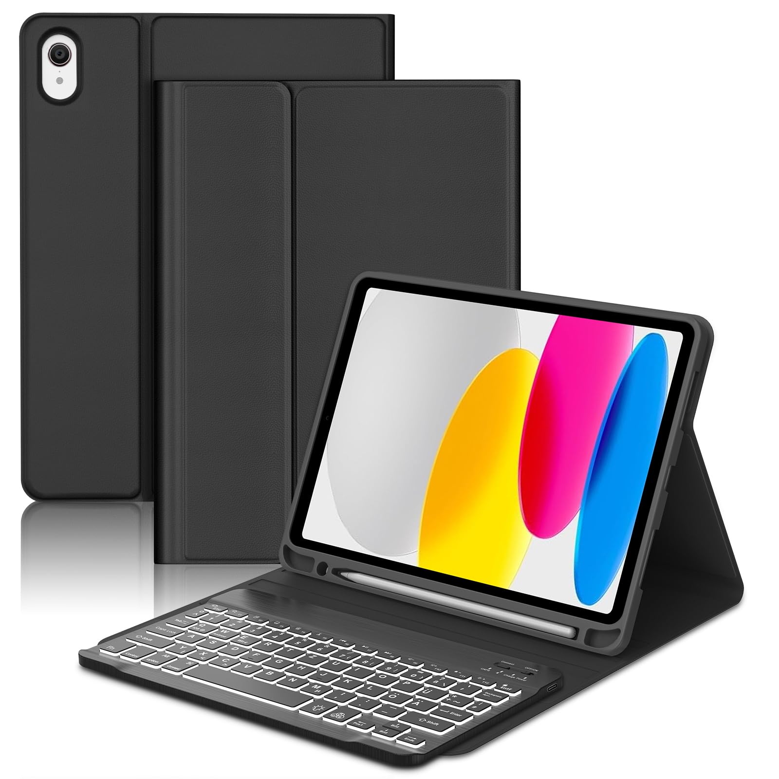 Occtingkind Tastatur Hülle für iPad A16 11./10. Gen. (2025/2022) – 7-Farben Beleuchtung, QWERTZ Deutsch Bluetooth Keyboard, Magnetisch Abnehmbar, Ohne Trackpad, Stiftschlitz, Schwarz