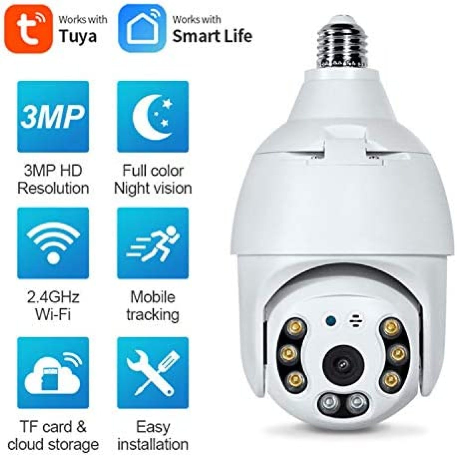 Telecamera con lampadina WiFi E27, lampada per telecamera di sicurezza PTZ Tuya Smart Life da 3 MP con visione notturna a piena luce, conversazione bidirezionale, monitoraggio automatico, vi