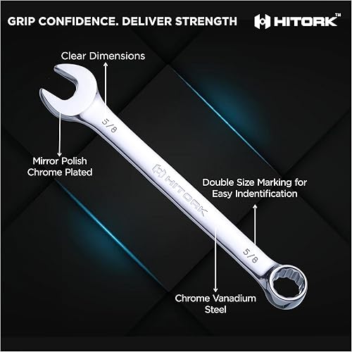 Miniatura 4 de Hitork Juego de llaves combinadas de 24 piezas, SAE (14"-1") y métricas (0.3150.945 in), acero Cr-V, acabado cromado espejo, extremo de caja de 12