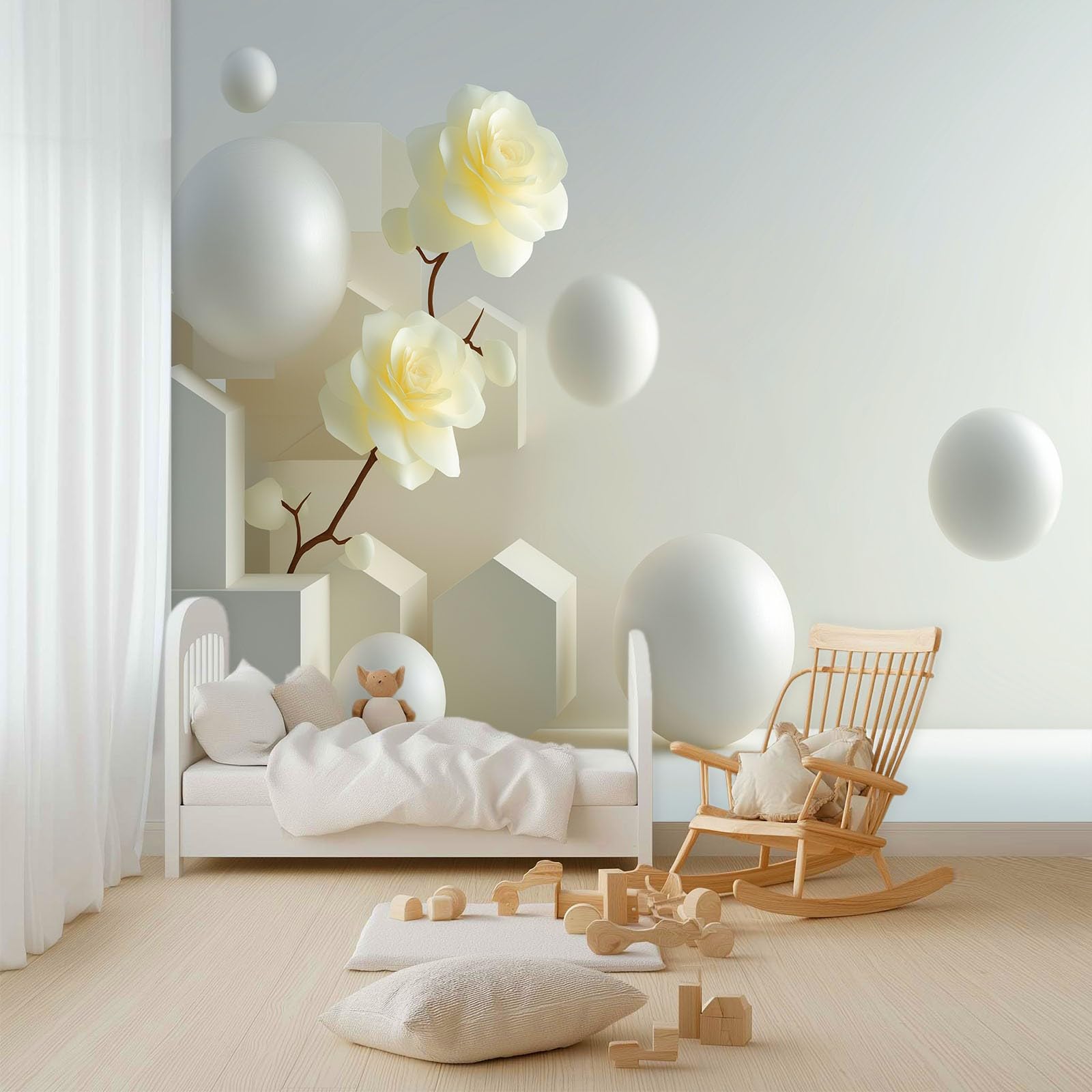 Fototapeta 3D, geometryczna, przestrzeń, abstrakcyjna, kwiatowa, 250 x 175 cm, mural na duże tło dla telewizora, biała włóknina, murale 3D, do salonu, sypialni, dekoracja, plakat, pokrycie ścian