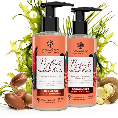 Champú y acondicionador de color natural para cabello tratado con algas marinas, ácido láctico, cupuacu y murumuru para evitar la decoloración e