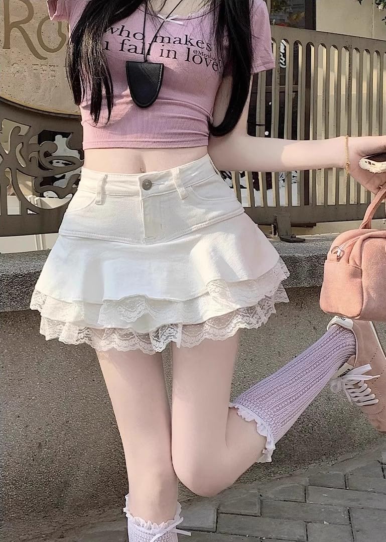 Y2K High Waist Denim Lace Mini Skirt for Women – Harajuku A-Line Ruffle Skater Skirt Kawaii Fairycore Style - Image 7