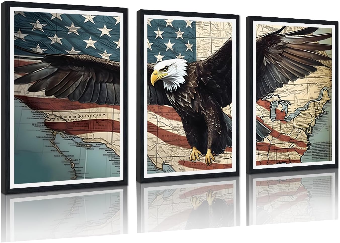 Black and White Wall Art American Flag Artwork 3 Panels Patriotic Retro USA Flag Pictures Canvas Prints Art Living Room Home Office Decor Framed Ready to Hang -20"W x 28"H x 3pcs