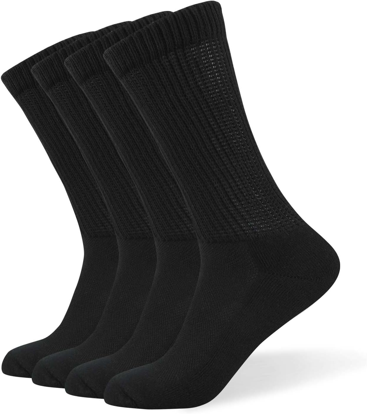 Well Knitting Loose Men's Diabetic Crew Socks,Non-Binding Top,Seamless Toe,Semi Cushion,Breathable Soft Coolmax Socks 4 Pairs
