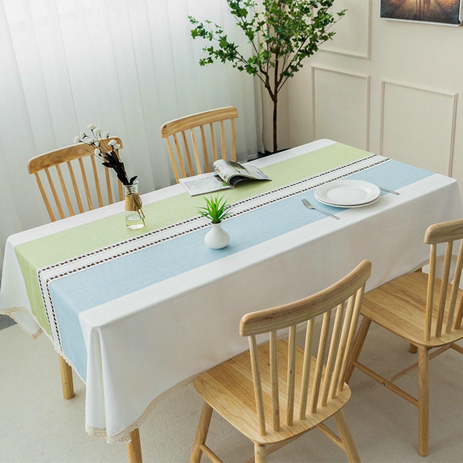 Mantel rectangular moderno de poliéster, mantel lavable a rayas con borde de encaje, mantel para mesas de casa, restaurante, café y hotel azul verde, 140 x 180 cm