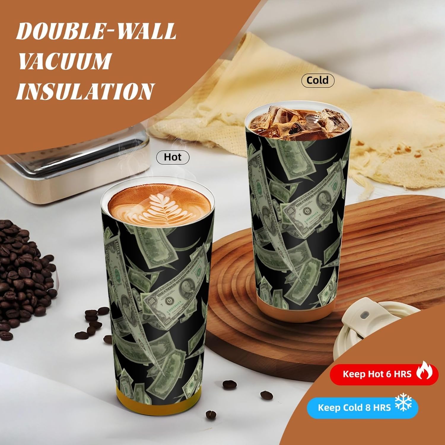 Dollar Sign Money Print Leakproof Insulated Coffee Mug,Stainless Steel Dual Drink Travel Tumbler,17 OZ