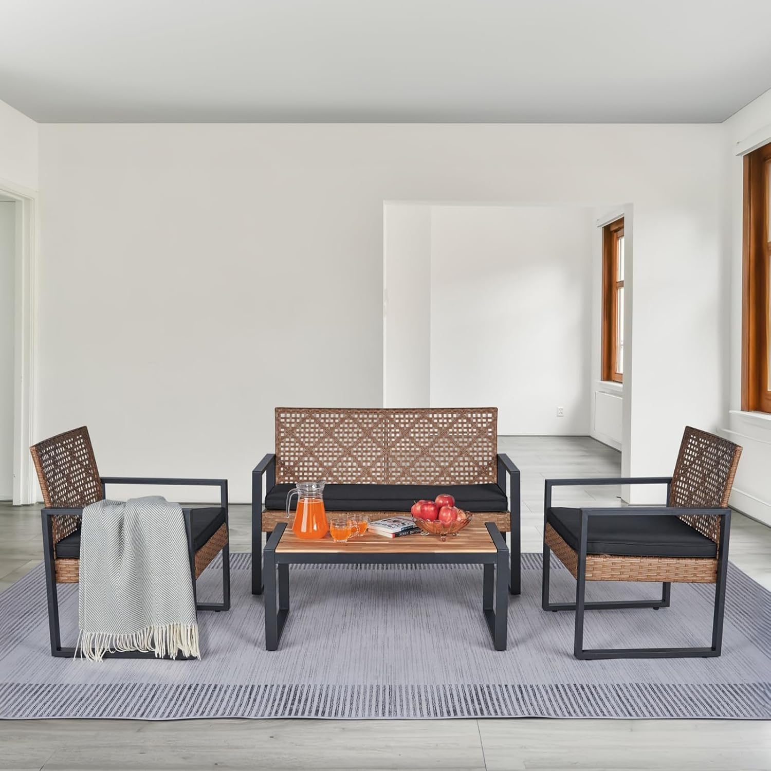 Outdoor Patio Furniture Set, 4 Piece Rattan Wicker Sectional with Loveseat Couch Sofa, Coffee Table and Chairs, Conversation Seating for Balcony, Porch, Deck, Backyard, Muebles de Exterior