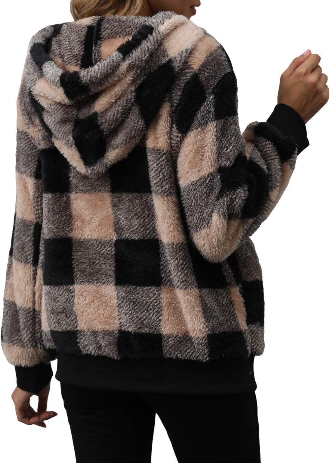 ReachMe Womens Oversized Sherpa Pullover Hoodie with Pockets Fuzzy Fleece Sweatshirt Plaid Fluffy Jacket Coat - Image 6