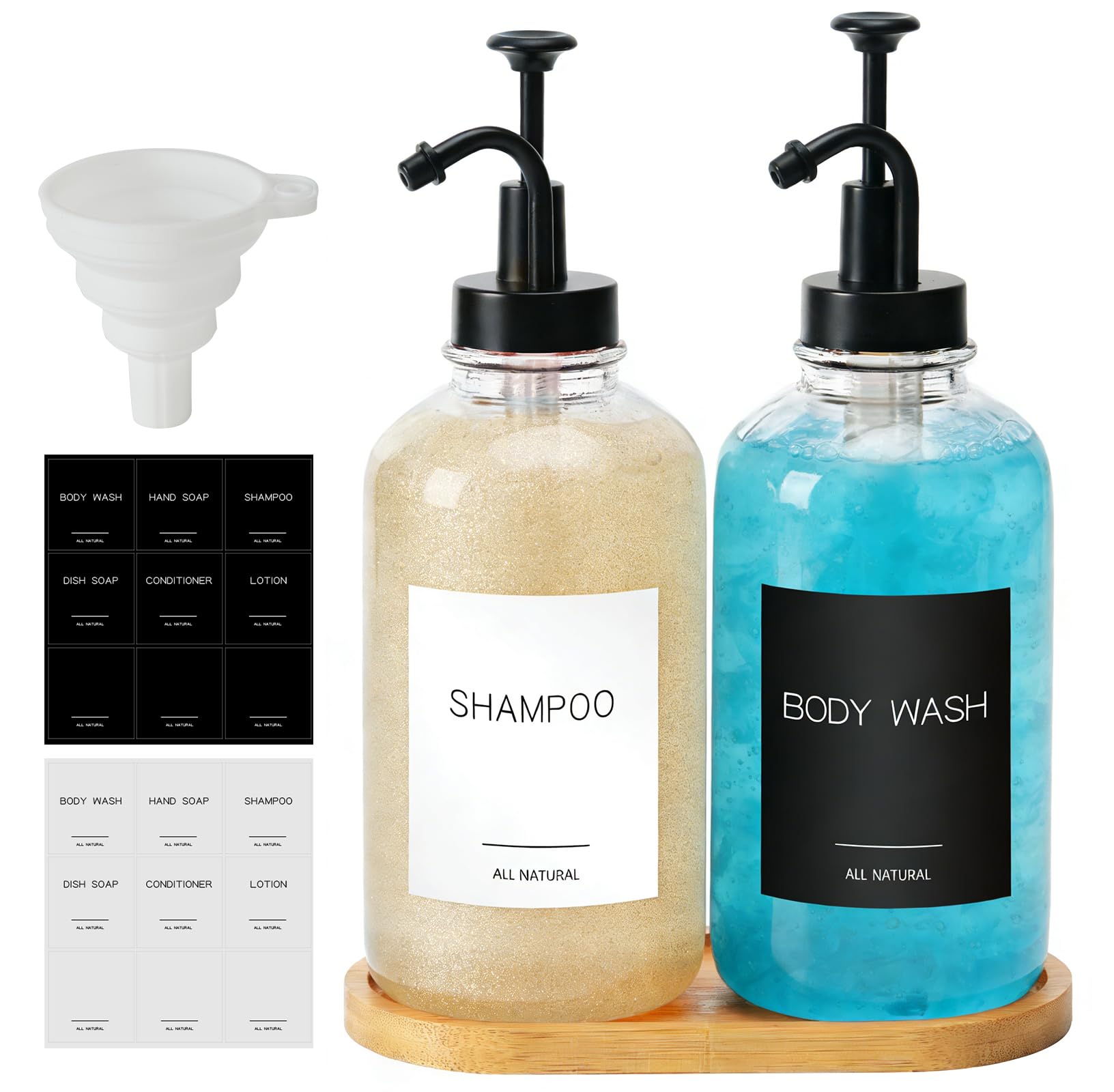 2 Pack Glass Soap Dispenser Set, 16.9oz/500ml Washing Up Liquid Dispenser with Bamboo Tray, Syrup Pumps Glass Bottle Dispenser with 36 Labels, Transparent Hand and Dish Soap Bottles