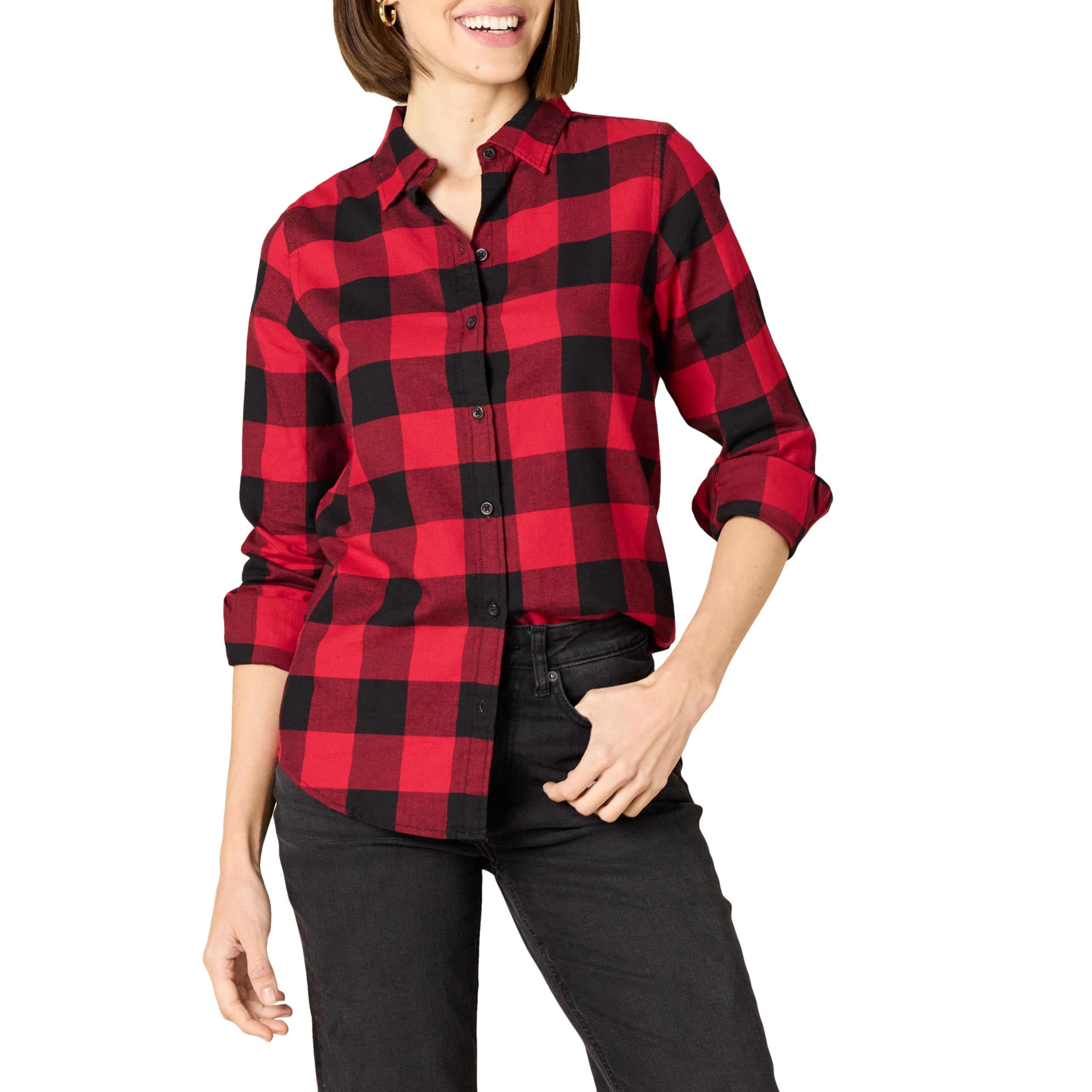 Amazon Essentials Damen Regular-Fit Leichtes Kariertes Langarm-Flanellhemd, Rot Buffalo Karos, XL