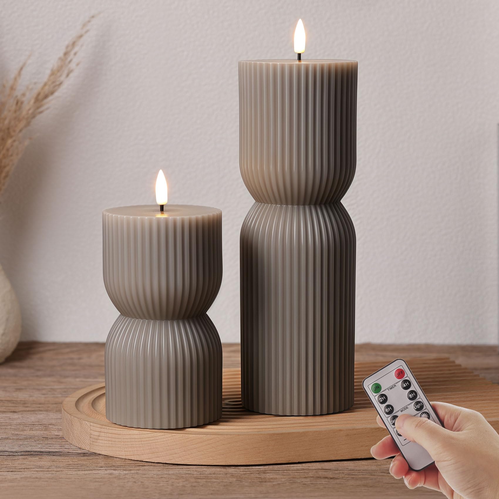 Photo 1 of Girimax Taupe Ribbed Flameless Pillar Candles with Remote (Set of 2)