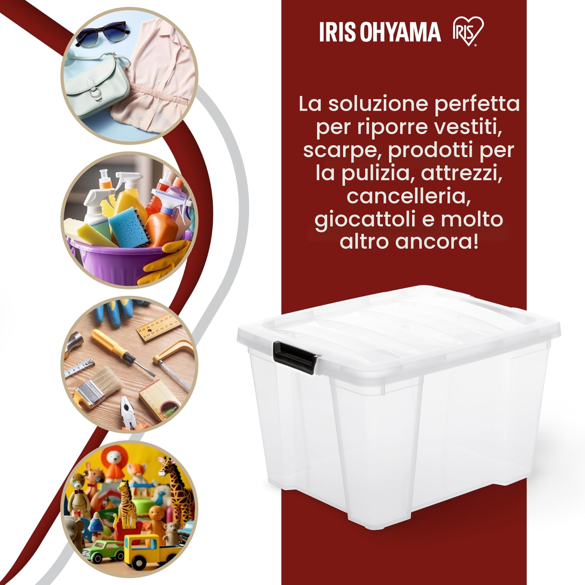 Iris Ohyama, Contenitore in Plastica con Coperchio, 30 Litri, Set da 3, Trasparente, Clip di Chiusura, Maniglia, Impilabile, per Camera da Letto, Cabina Armadio, Ufficio, Senza BPA, Contenitore, HB-30