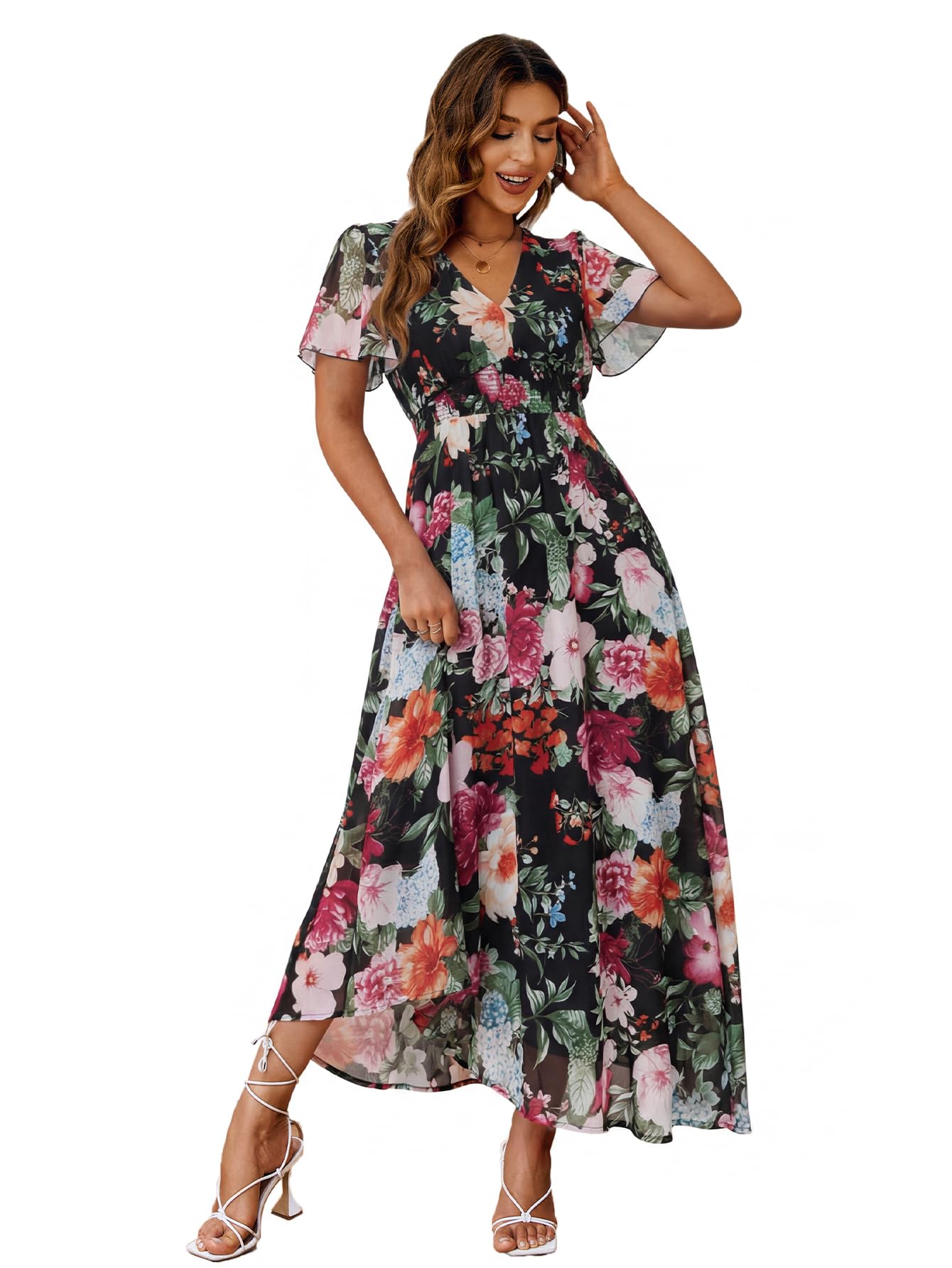 Simplee Women's Boho Floral Maxi Dress Flowy Casual V Neck Short Sleeve Wedding Guest Holiday Beach Long Dress