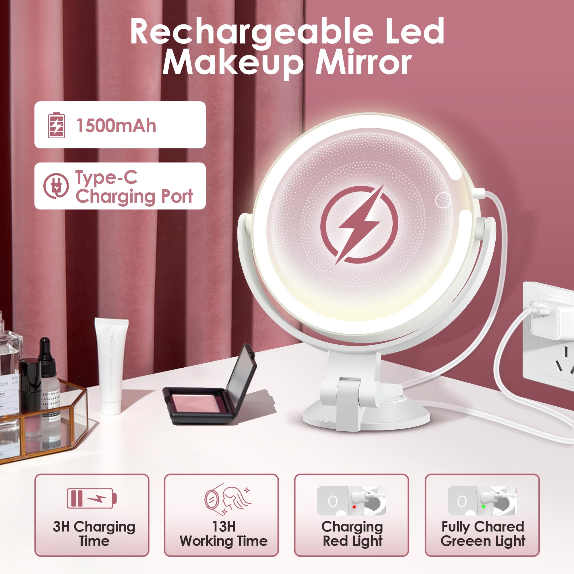 Specchio da trucco con illuminazione e specchio cosmetico con ingrandimento 30x, specchio ingranditore con ventosa con luce grande, specchio da parete