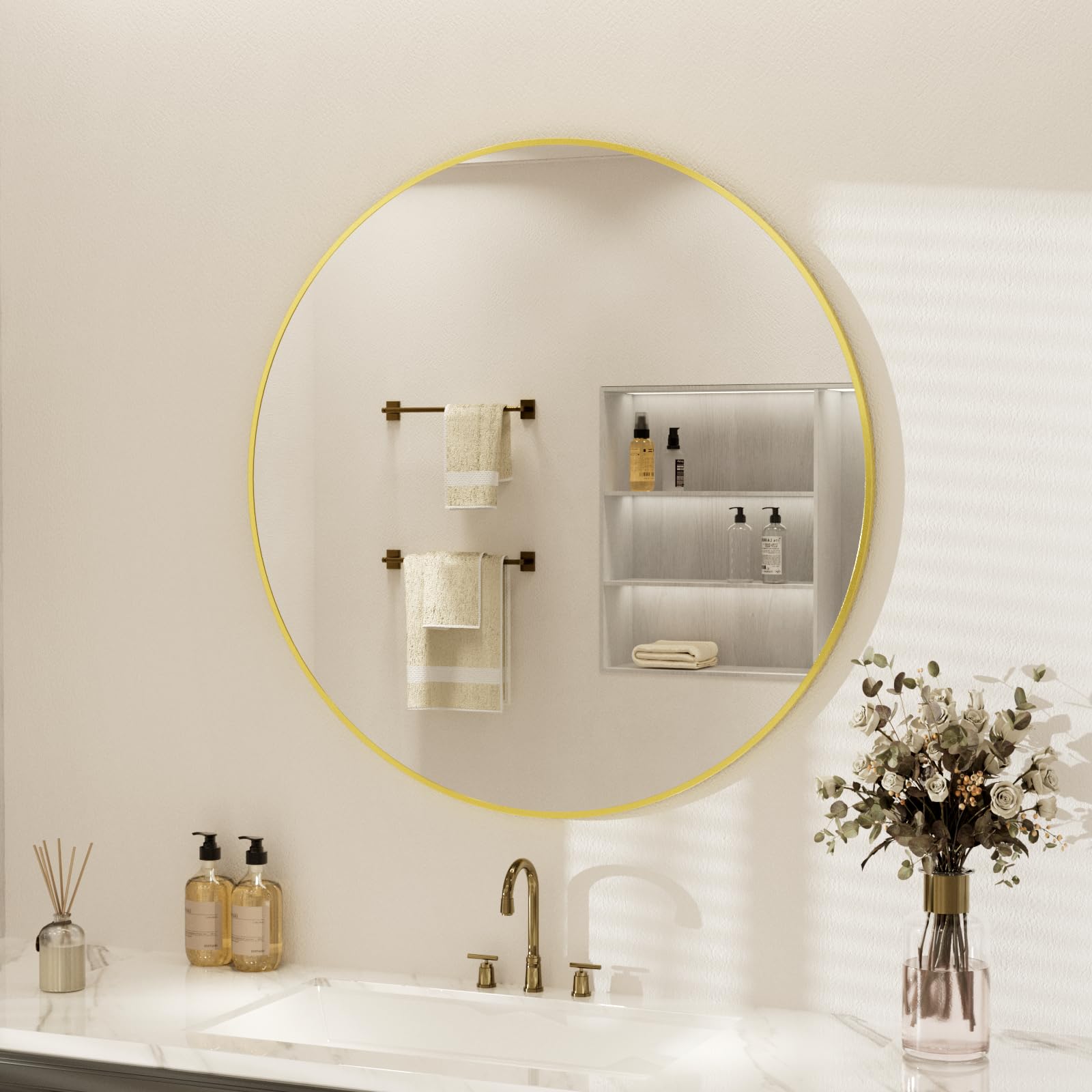 Round Bathroom Mirror 28 inch, Gold Framed Tempered Glass Circle Wall Mirrors, Circular Hanging Wall Mounted Aluminum Alloy Frame for Living Room,