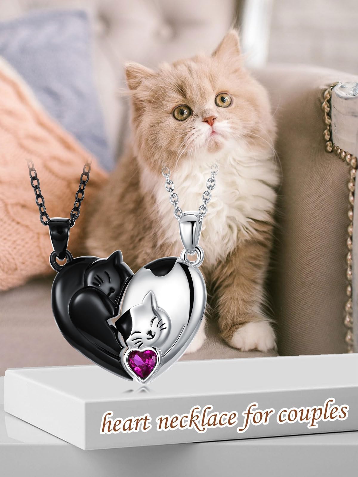 Matching Cat & Love Arrow Sterling Silver Cute Couples Heart Necklaces - Gifts for Couples: Couple Cat-July Birthstone