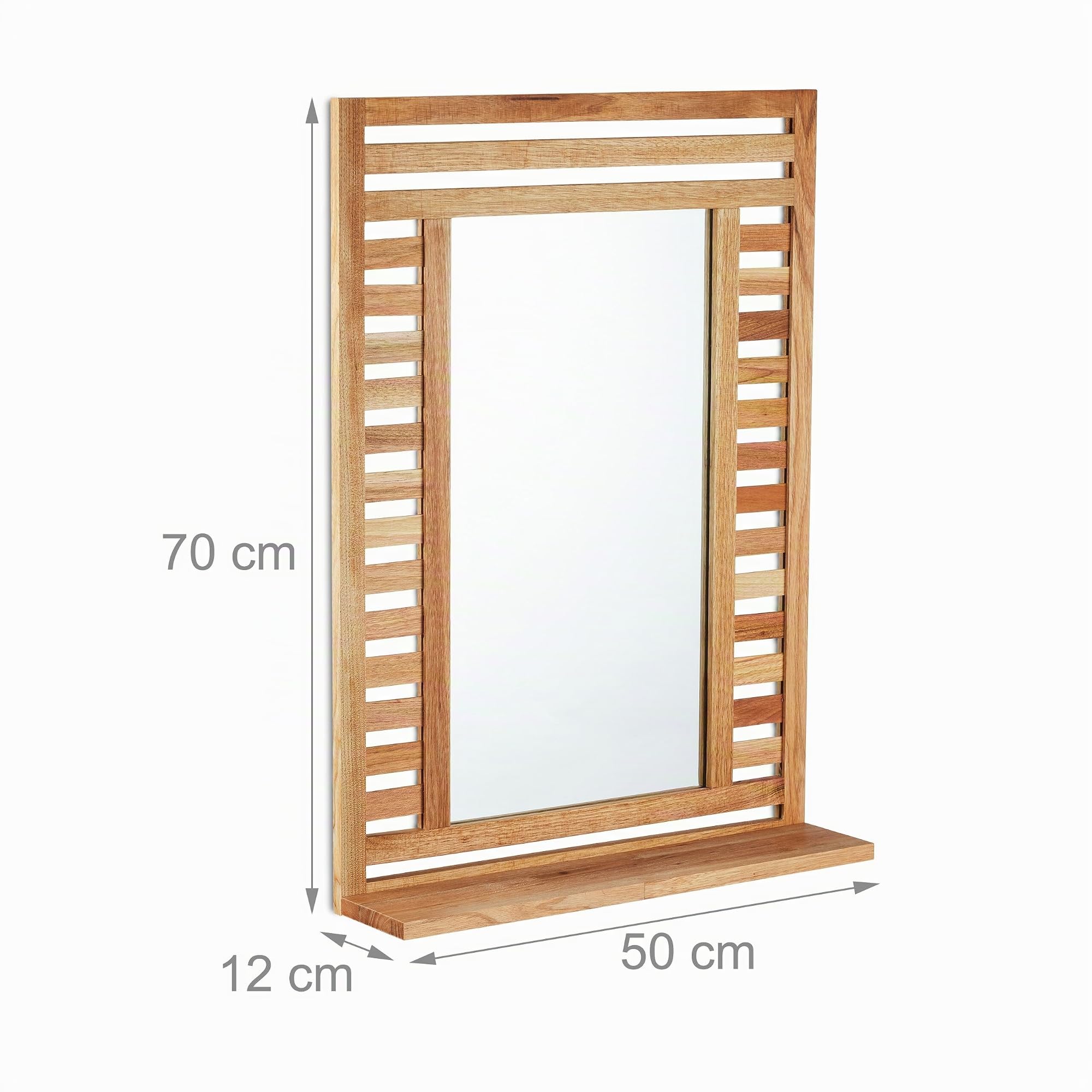 Relaxdays Specchio da Parete da Bagno, Specchiera Rettangolare con Ripiano e Cornice in Legno, 70 x 50 x 12 cm, Marrone