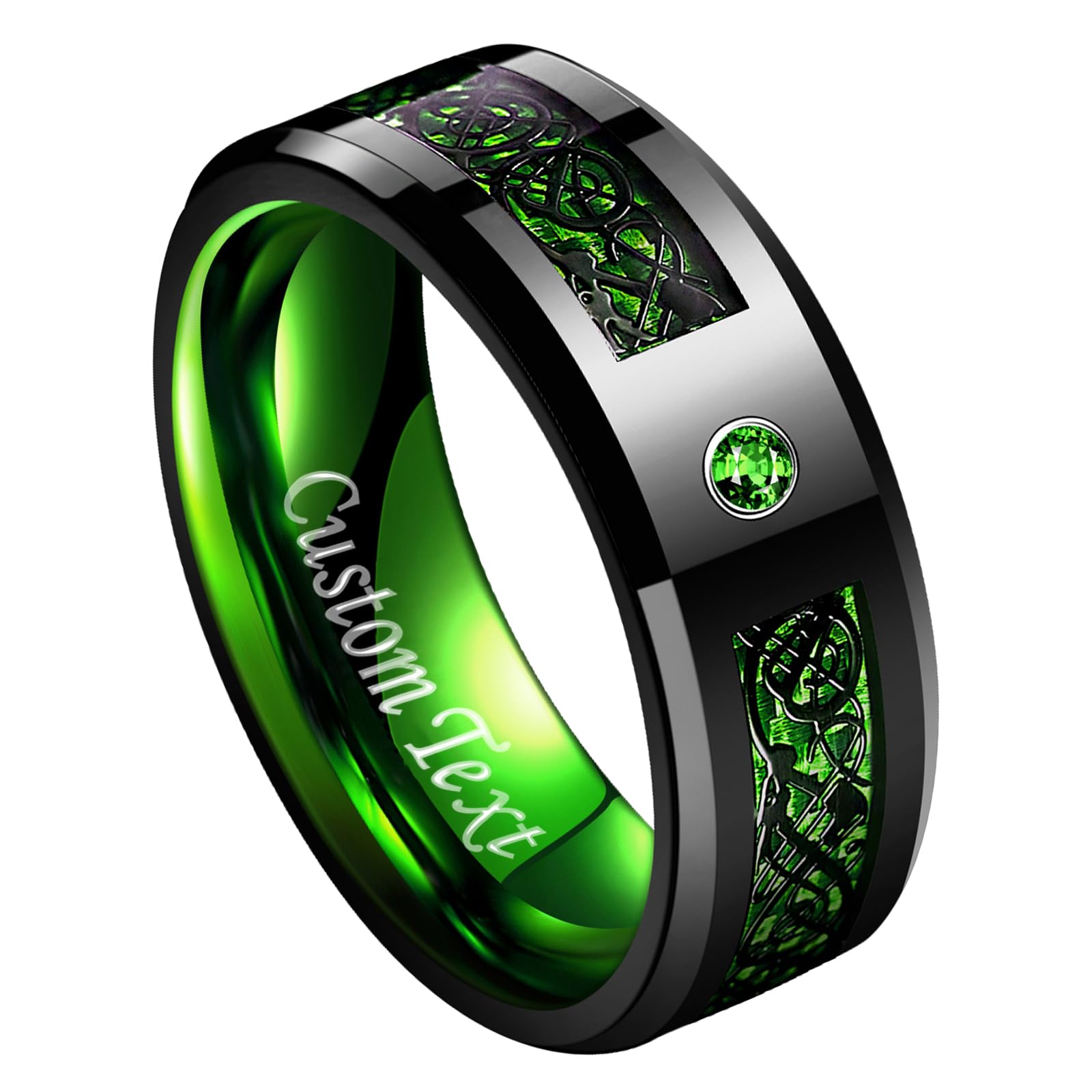 TUNGSTORY 8mm Black Celtic Dragon Tungsten Carbide Wedding Ring with Green Carbon Fiber and CZ Inlay Polished Finish Beveled Edge Size 6-16