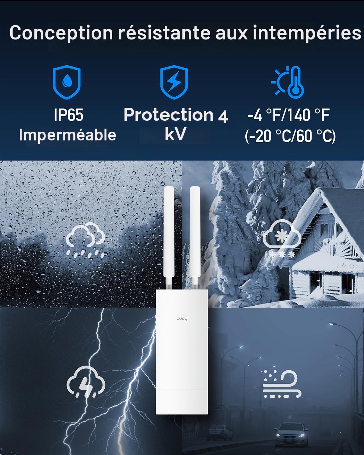 Cudy Routeur Wi-FI 4G LTE AC1200 pour l'extérieur, IP65, PoE, LT500 Outdoor | Cat. 4, 150 Mbps en téléchargement, Wi-Fi 5 AC1200 (867/300), -40 à 65 °C, emplacement pour carte Nano SIM, antenne amovible