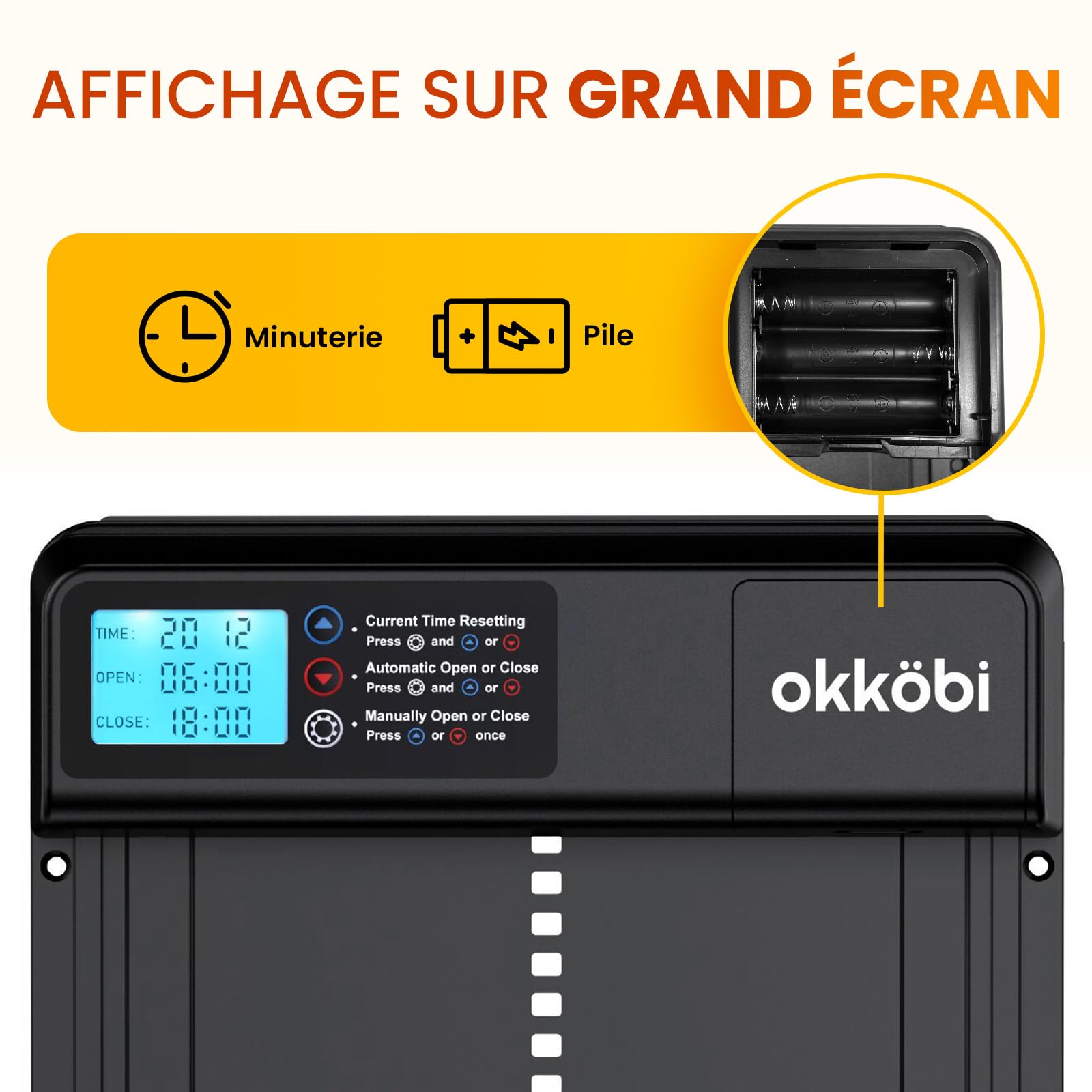 Lite Porte Automatique de Poulailler - À Piles - Écran LCD | Anti-Pincement pour la Sécurité, Résiste de -15 à 60 Degrés Celsius, Compatible avec Canards et Oies - Noir