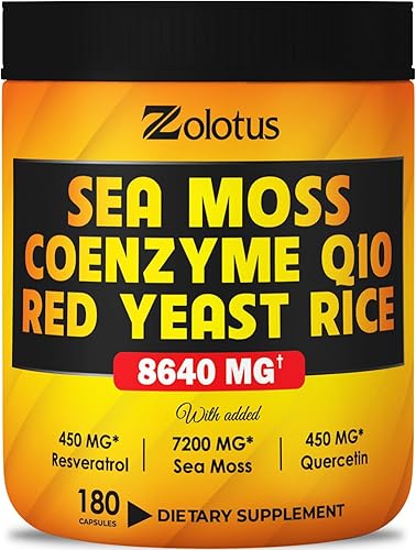 Zolotus Suplemento de musgo marino 7 en 1 + arroz de levadura roja, cápsulas de coenzima Q10, equivalente a 8640 mg, con quercetina, resveratrol,
