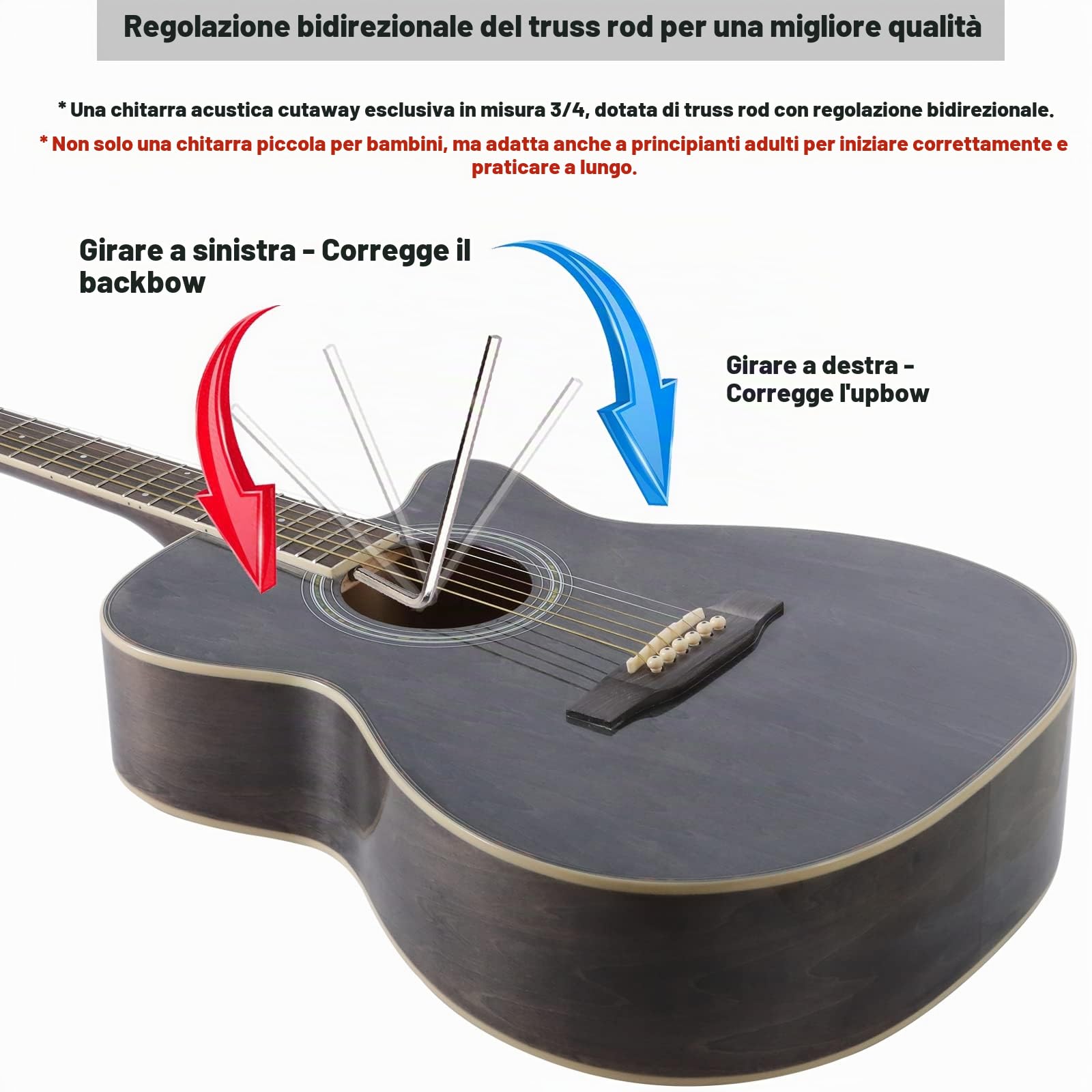 Winzz Chitarra Folk per Bambini 36 Pollici, Dimensione 3/4 Chitarra Acustica Nero-grigio Kit per Principianti
