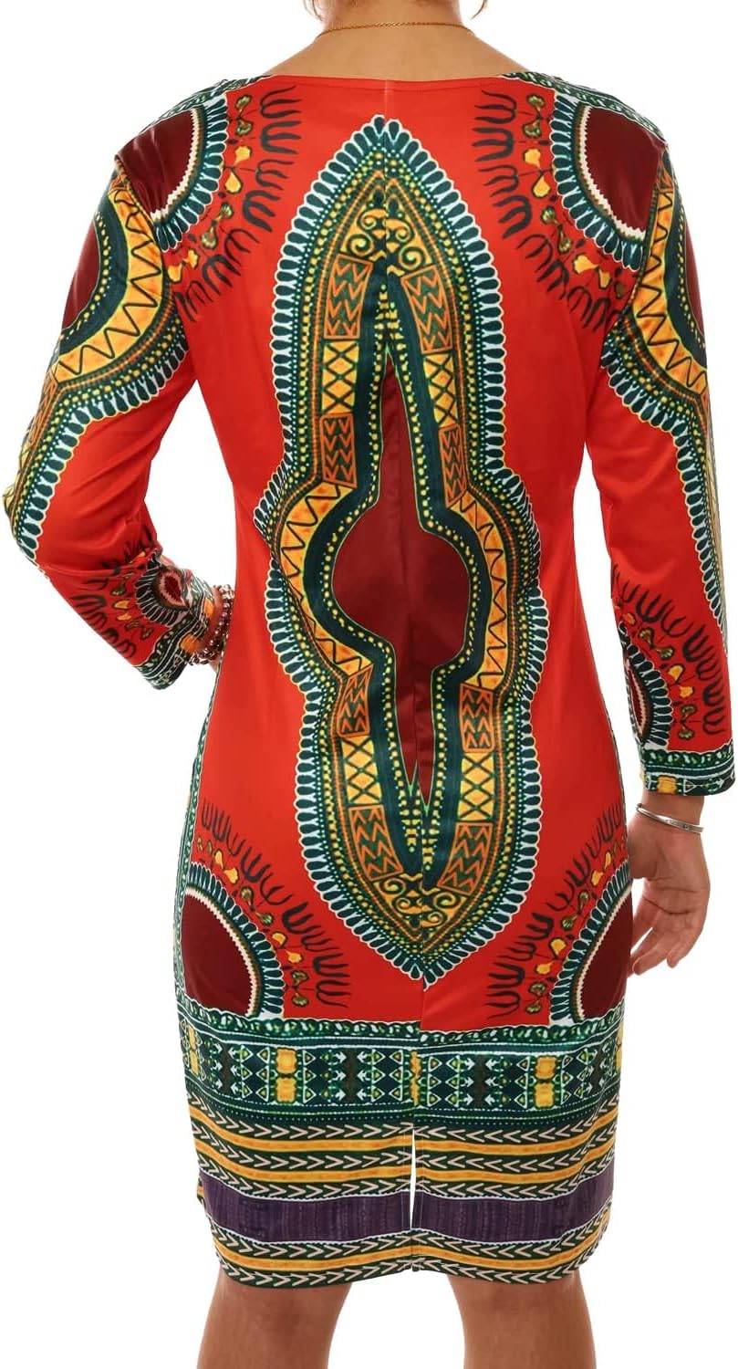 Women's Bodycon Dashiki African Midi Dresses Bohemian Vintage Club Dress with Pocket - Image 3