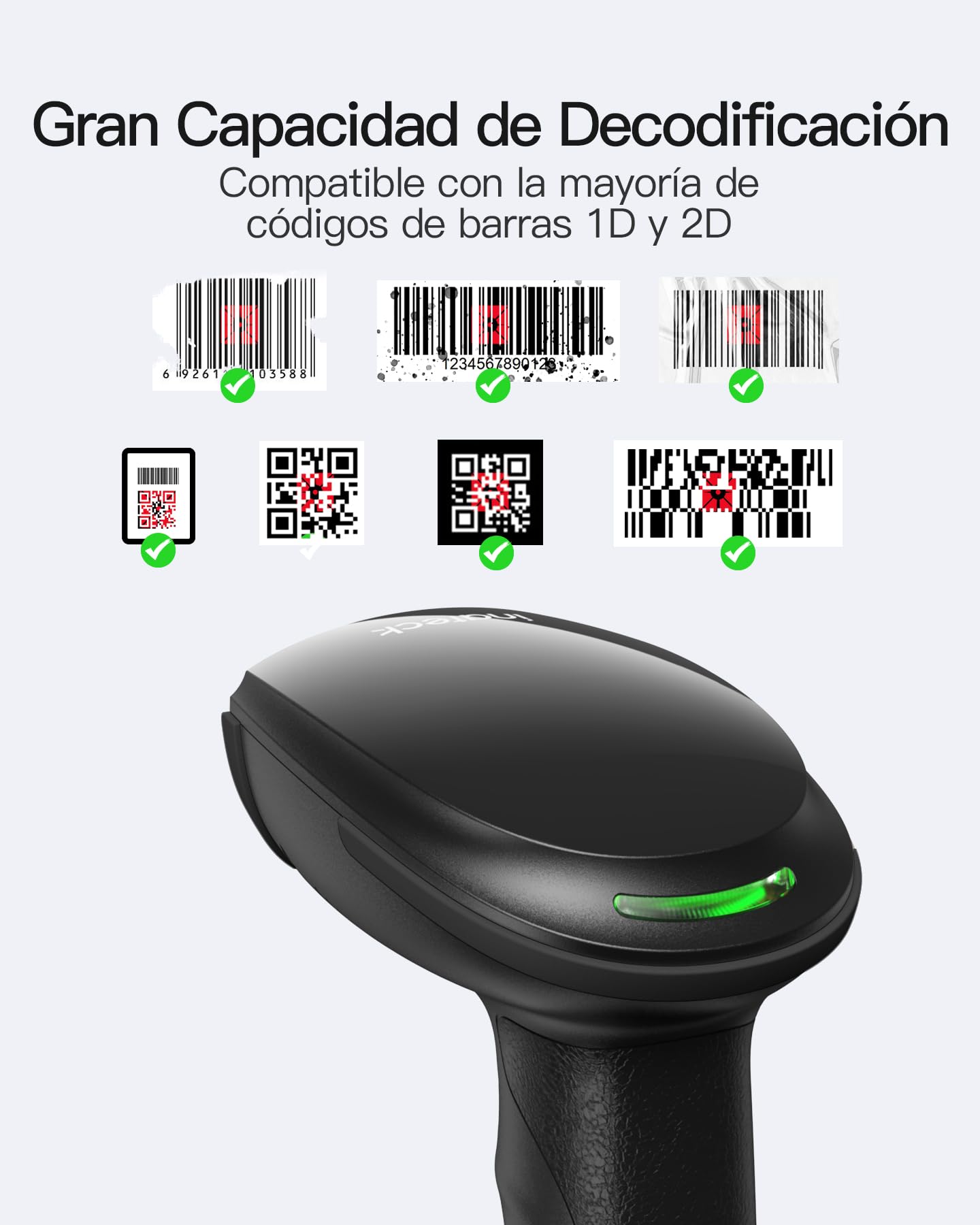 Inateck Escáner de Código de Barras Bluetooth, Lector de Código de Barras Inalámbrico USB 1D 2D Portátil, 1 Carga 3 Meses, Lector Código Barras con App y SDK, BCST-23, Oscuro