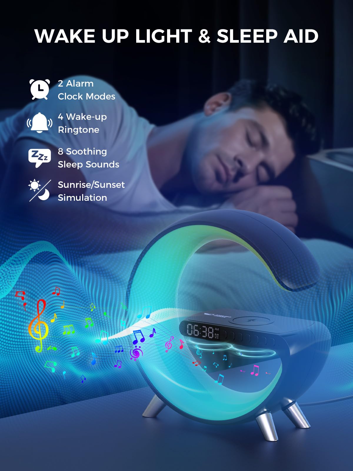 Smiling Shark Lichtwecker, Intelligente Wecker Licht Atmosphärenlicht mit Kabelloses Ladegerät Bluetooth Lautsprecher Dimmbar Naturgeräuschen App Steuerung Sonnenaufgang Licht Wecker für Wohnzimmer