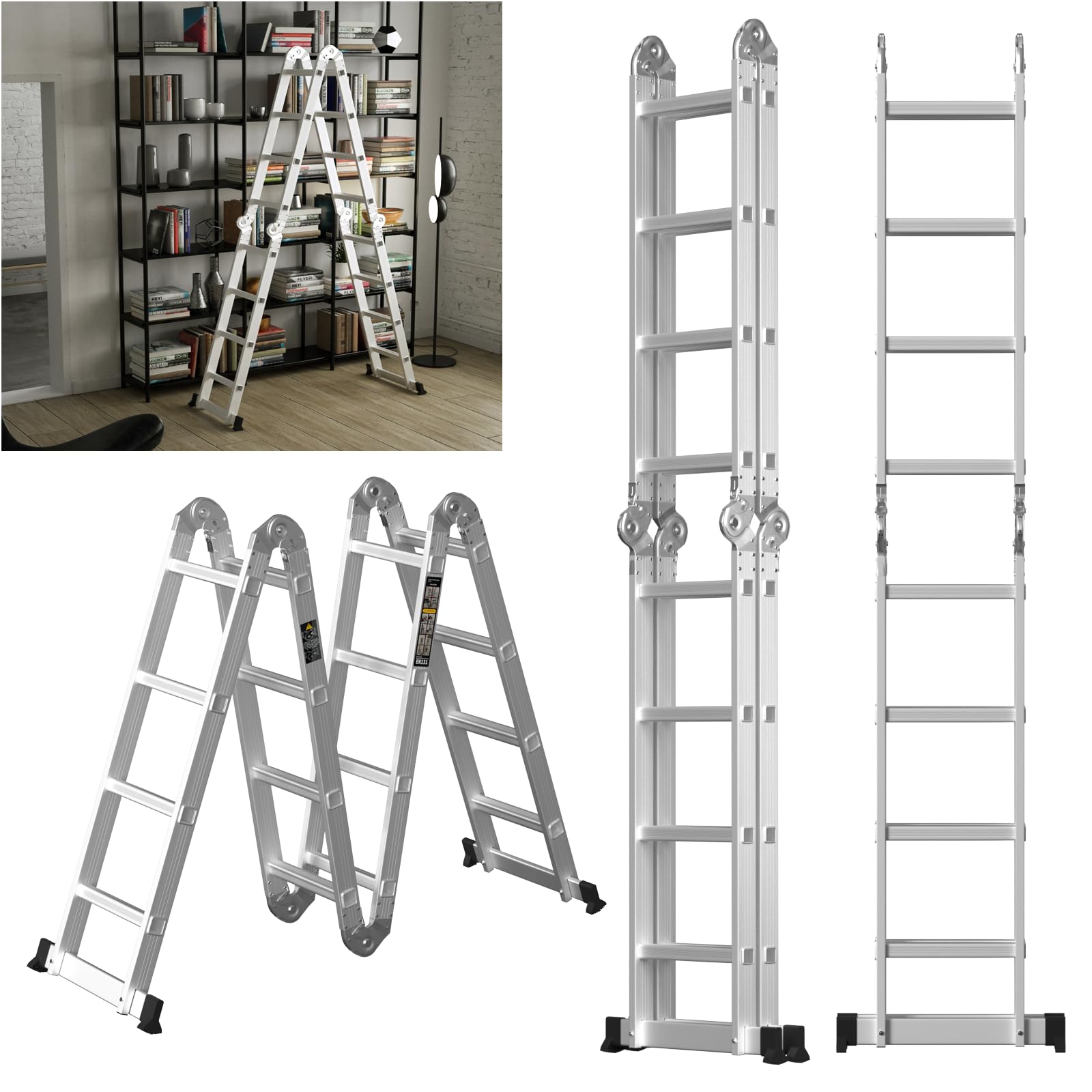 4.7M/15.4FT Telescopic Ladder Multi-Purpose Aluminium Portable Telescoping Ladder, Portable Loft Straight Ladders for RV, Attic, Home and Outdoor Work