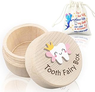Tooth Fairy Box for Girls with Fiary Bag, Cute Carved Wooden Box with 3D Tooth, Stores Lost Teeth for Kids, Souvenir Dropped Tooth Keepsake Storage Box Gift for Little Girl