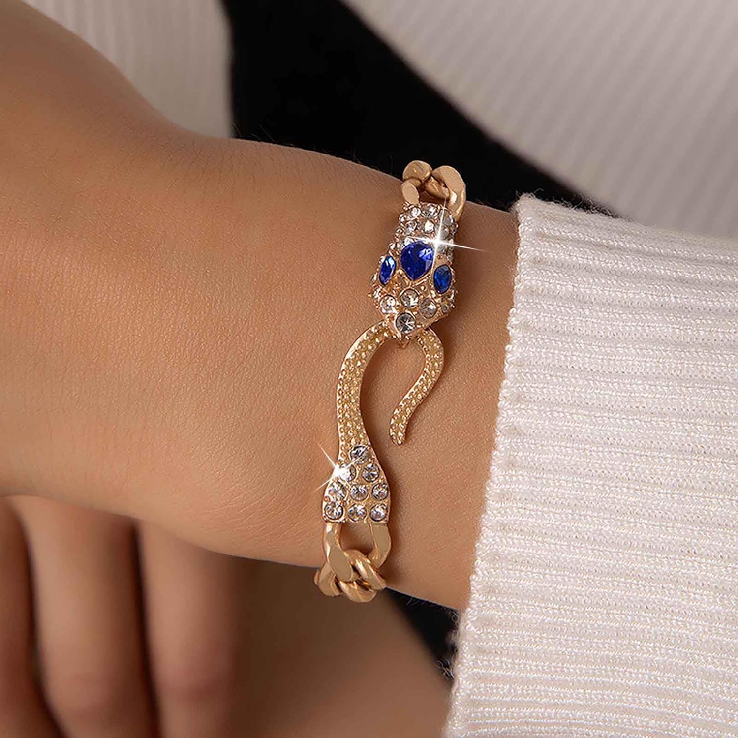 Gothic Sapphire Snake Bracelet Gold Cuban Chain Bracelets Blue Crystal Snake Bracelet Snake Cz Bracelet Rhinestone Punk Serpent Hand Chain Bracelet Jewelry for Women - Image 2