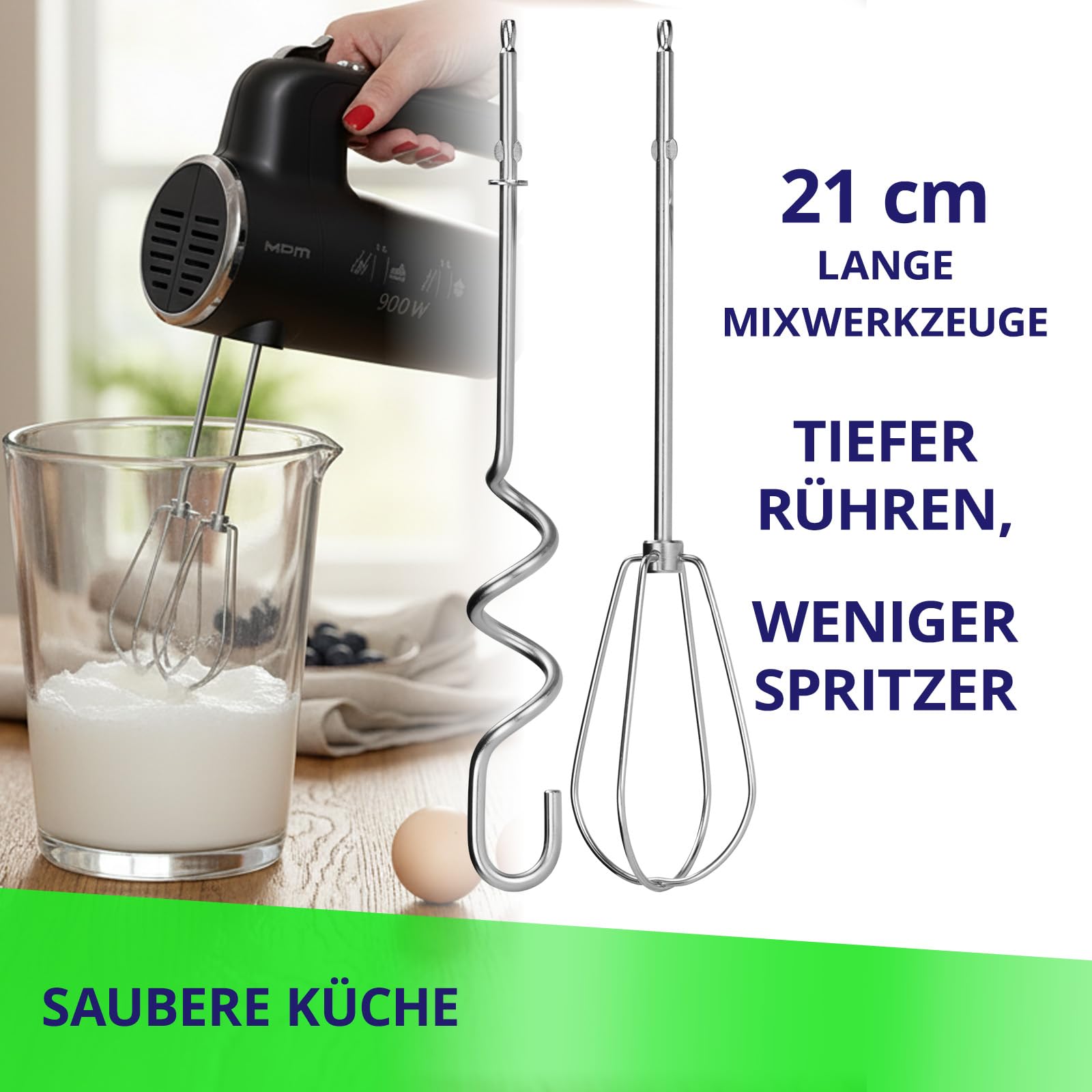 MPM Handmixer 900W - 6 Geschwindigkeitsstufen + Turbo, 4 Lange Rühraufsätze | Handrührgerät mit Auswurftaste, Sicherheitsverriegelung, spülmaschinenfeste Rühraufsätze - Schnelles Verarbeiten von Massen