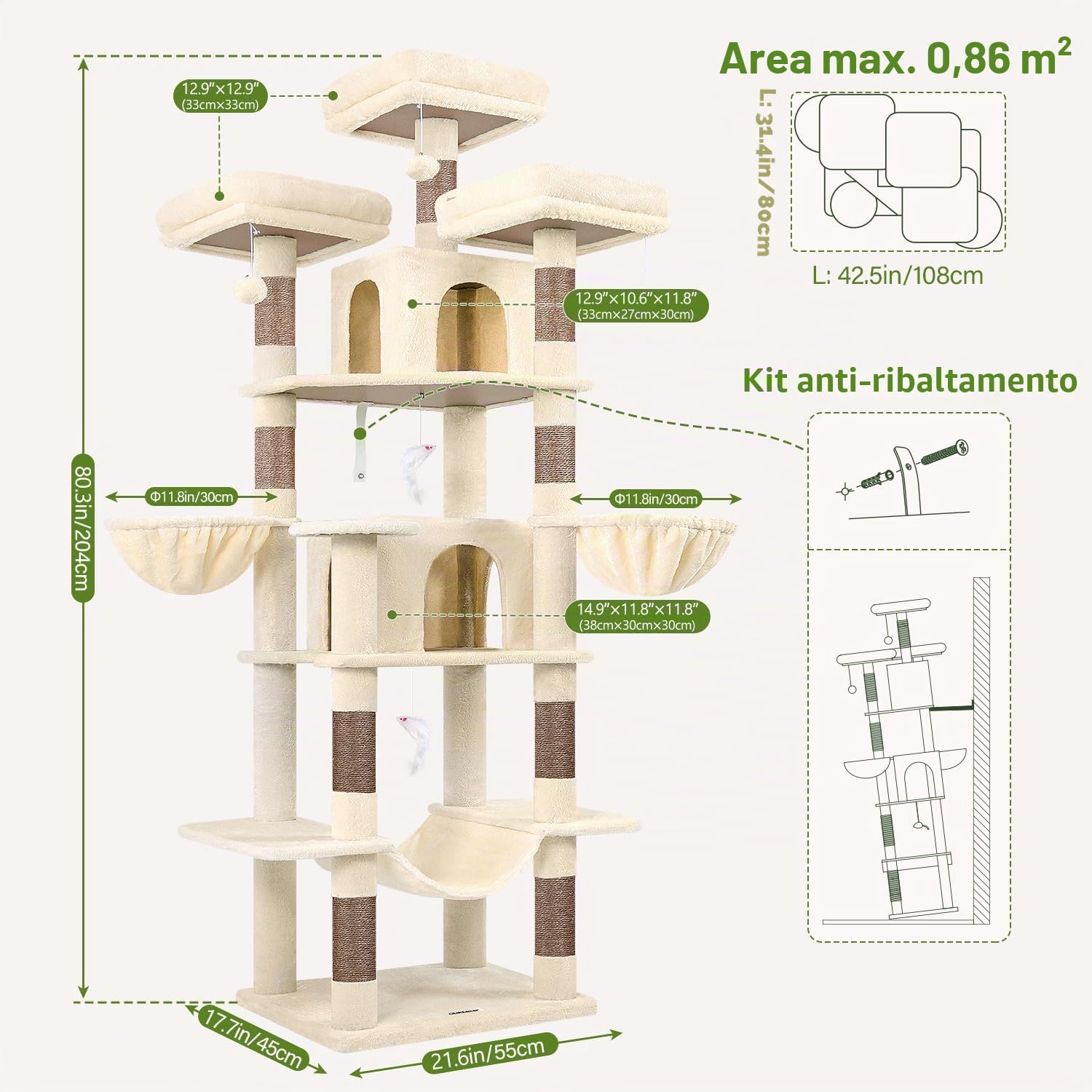 Globlazer Tiragraffi per Gatti Grandi Beige, Castello per Gatto Alto 204 cm con 3 Trespoli Imbottiti, 2 Grotte, 2 Cestini, Amaca, Albero Tiragraffi per Multiplo Grandi Gatti Adulti (F80, Beige)