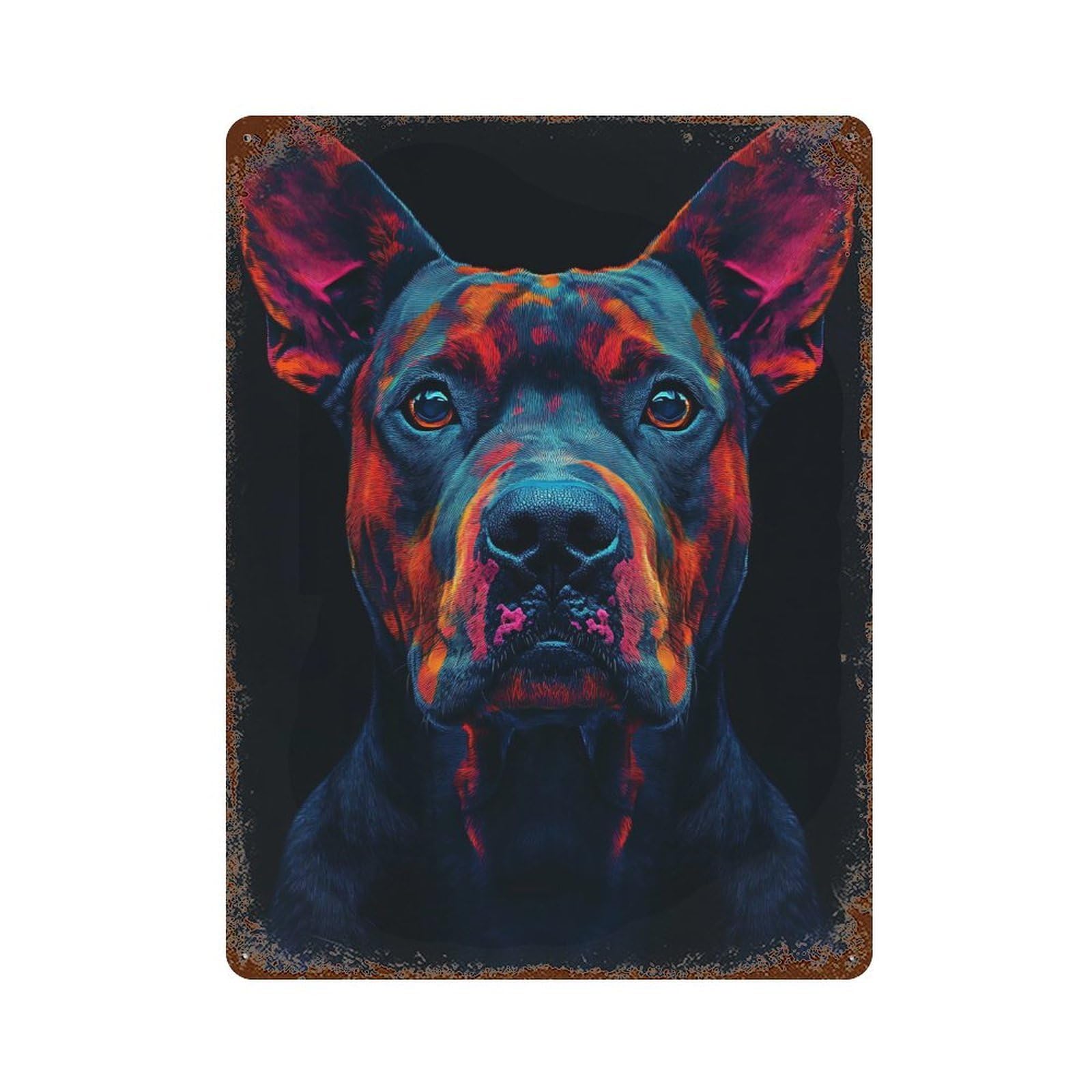 Colorful Dog Portrait on Black Background 15.7"x11.8" Distressed Metal Wall Sign, Shabby Chic Decor for Shed, Workshop And Garage Wall Decor