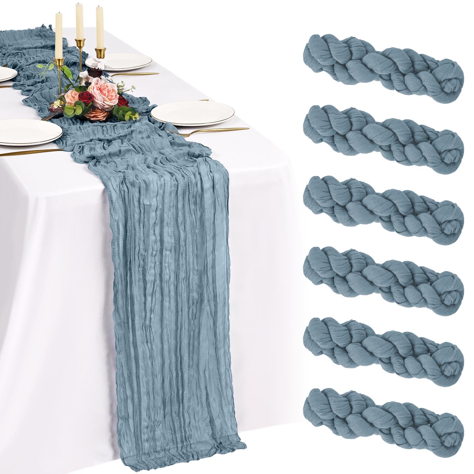 Showgeous 6 Pack Dusty Blue Cheesecloth Table Runner 10FT Boho Gauze Cheese Cloth Table Runners Romantic Rustic Sheer Table Decorations for Wedding Party Baby Shower Birthday Holiday Home