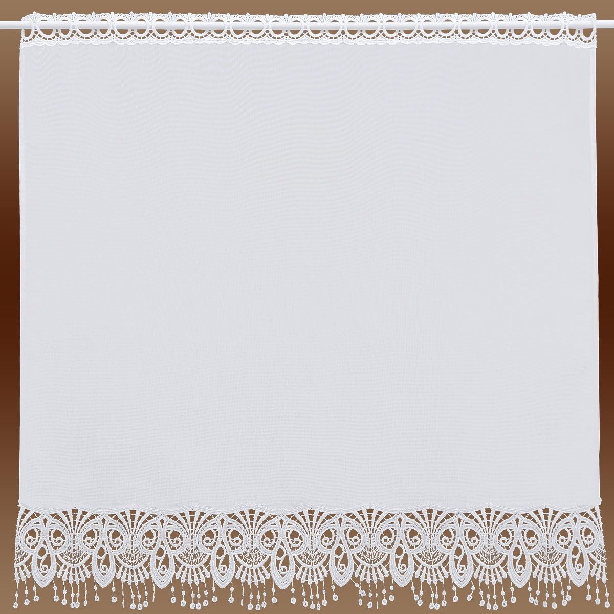 Scheibengardine Nala mit Perlenschnur-Fransen Scheibenhänger aus Vogtländischer Spitze weiß | Kurzstore mit modernem geometrischen Muster | Kurzgardine klassisch-zeitlos | Höhe x Breite 80 x 112 cm