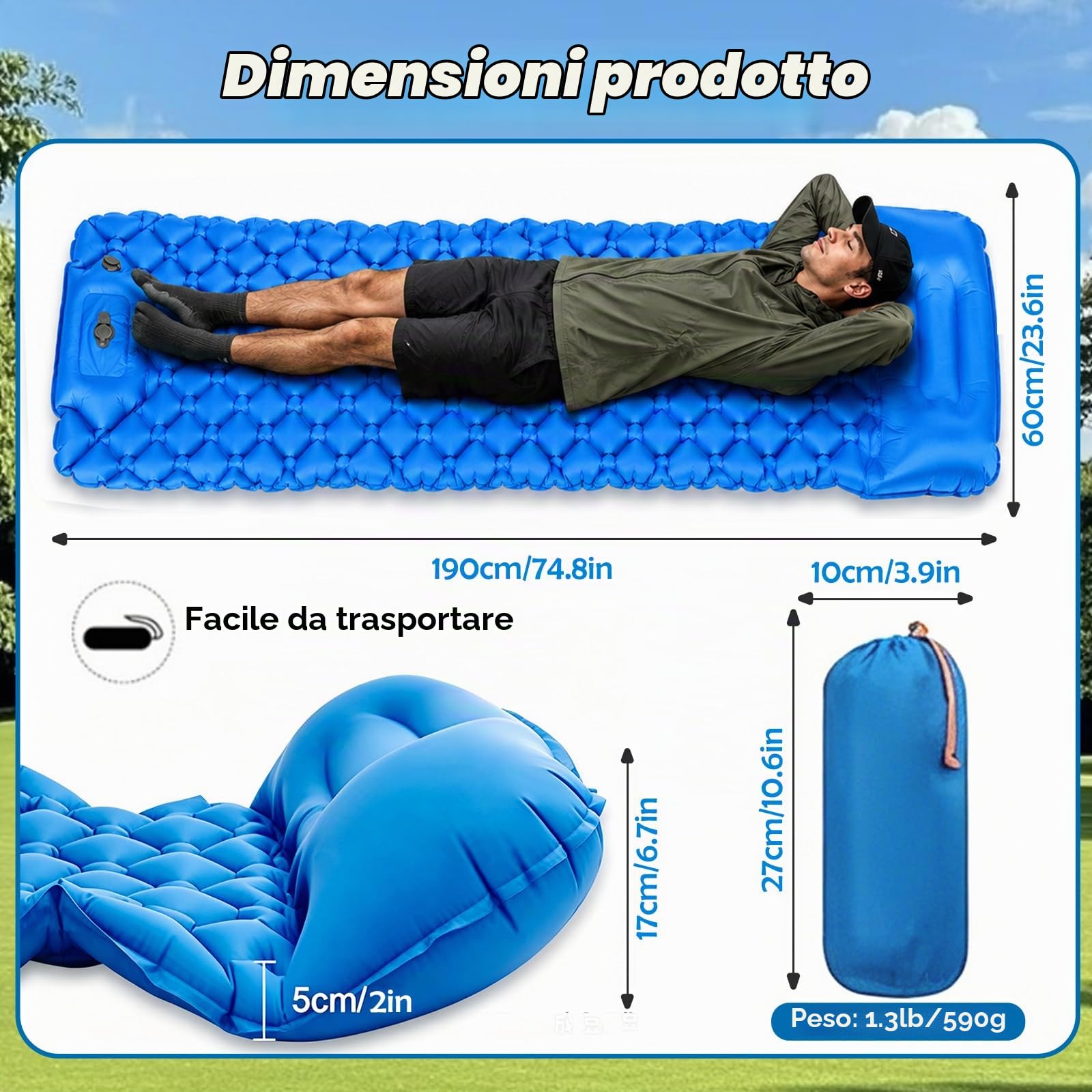 Materassino ad aria, Materassino Campeggio,Materassino Trekking, Gonfiabile con pompa a pedale e cuscino, Compatto e Portatile per Zaino,Escursionismo e Attività all'Aperto