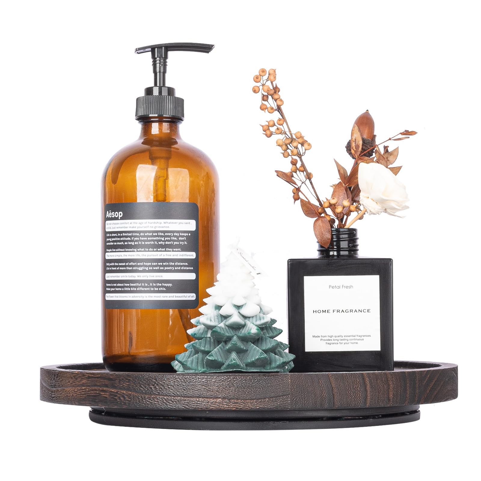 10" Wood Lazy Susan Organizer Kitchen Turntable for Cabinet Farmhouse Bathroom Decor Round Decorative Tray for Vanity, Counter, Sink, Coffee Table, Dark Brown