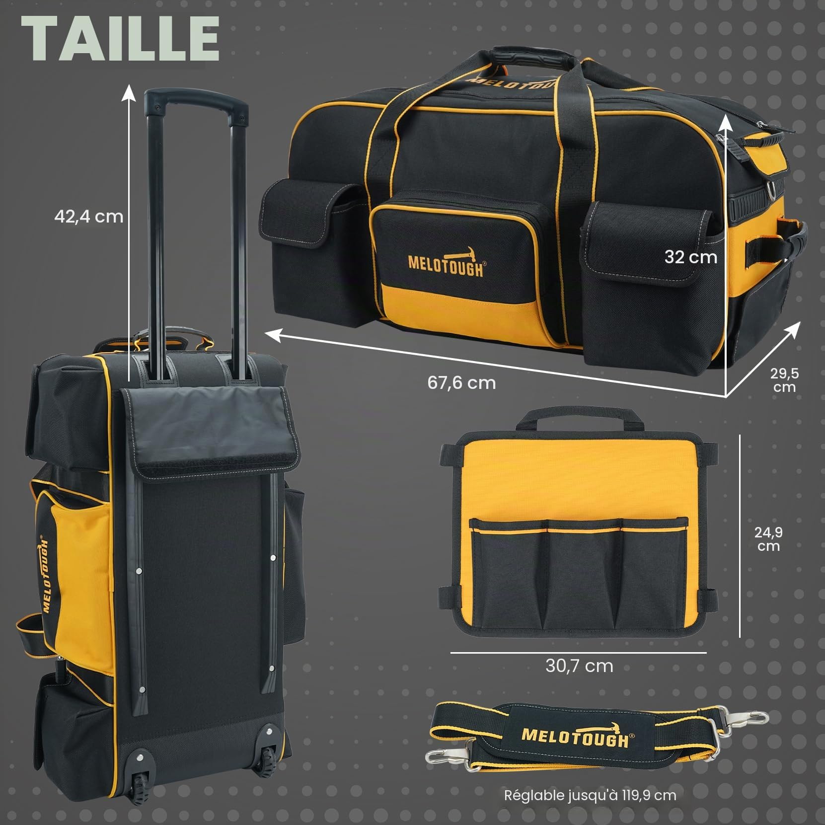 MELOTOUGH Sac à outils roulant avec roulettes, sac à outils de grande capacité avec poignée télescopique dissimulée pour électricien, construction, CVC, technicien (jaune/noir)