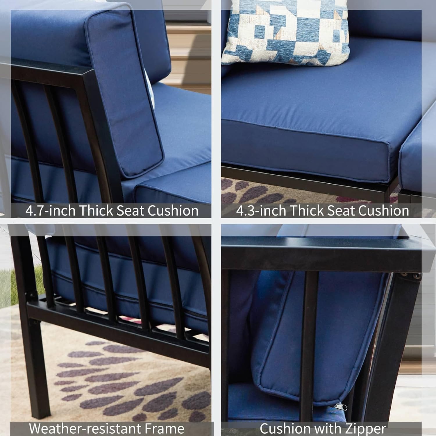 Patio Sofa Outdoor Sectional Sofas Metal Conversation Set Patio Furniture with Thick Blue Cushions