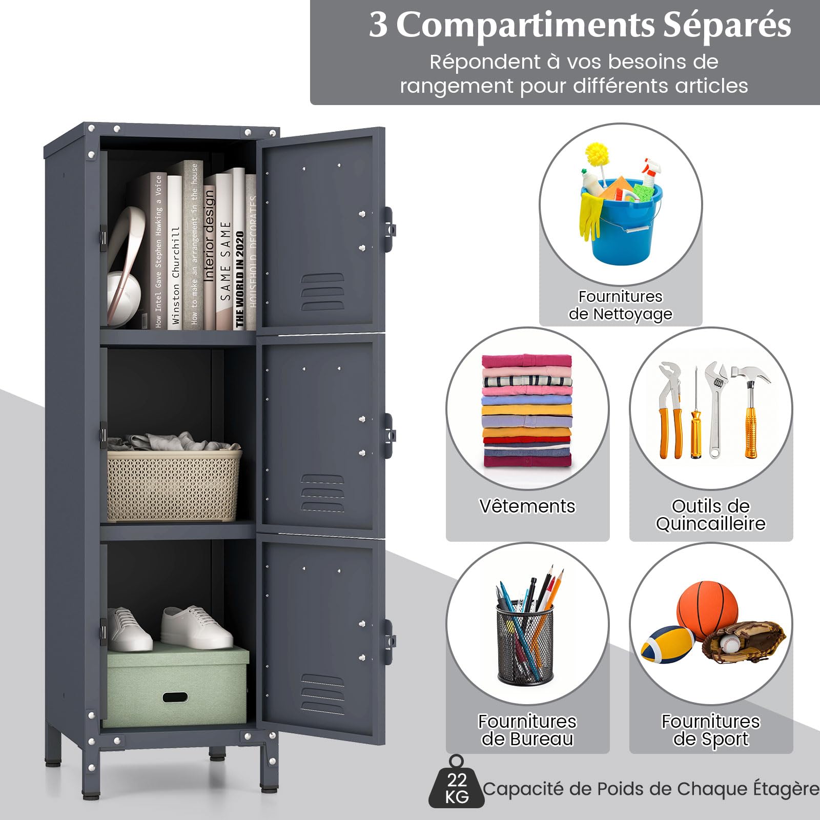 GOPLUS Casier Vestiaire Metallique à 3 Portes Verrouillables, 30x36x100 CM, Armoire Vestiaire Industriel, Combinaison Personnalisé avec Étagère Verticale Empliable, Idéal pour Bureau, École, Garage