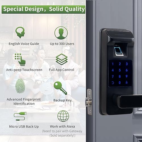Miniatura 2 de Harfo Cerradura de puerta inteligente, cerradura de puerta de entrada sin llave resistente, cerradura de puerta de huellas dactilares, cerraduras de